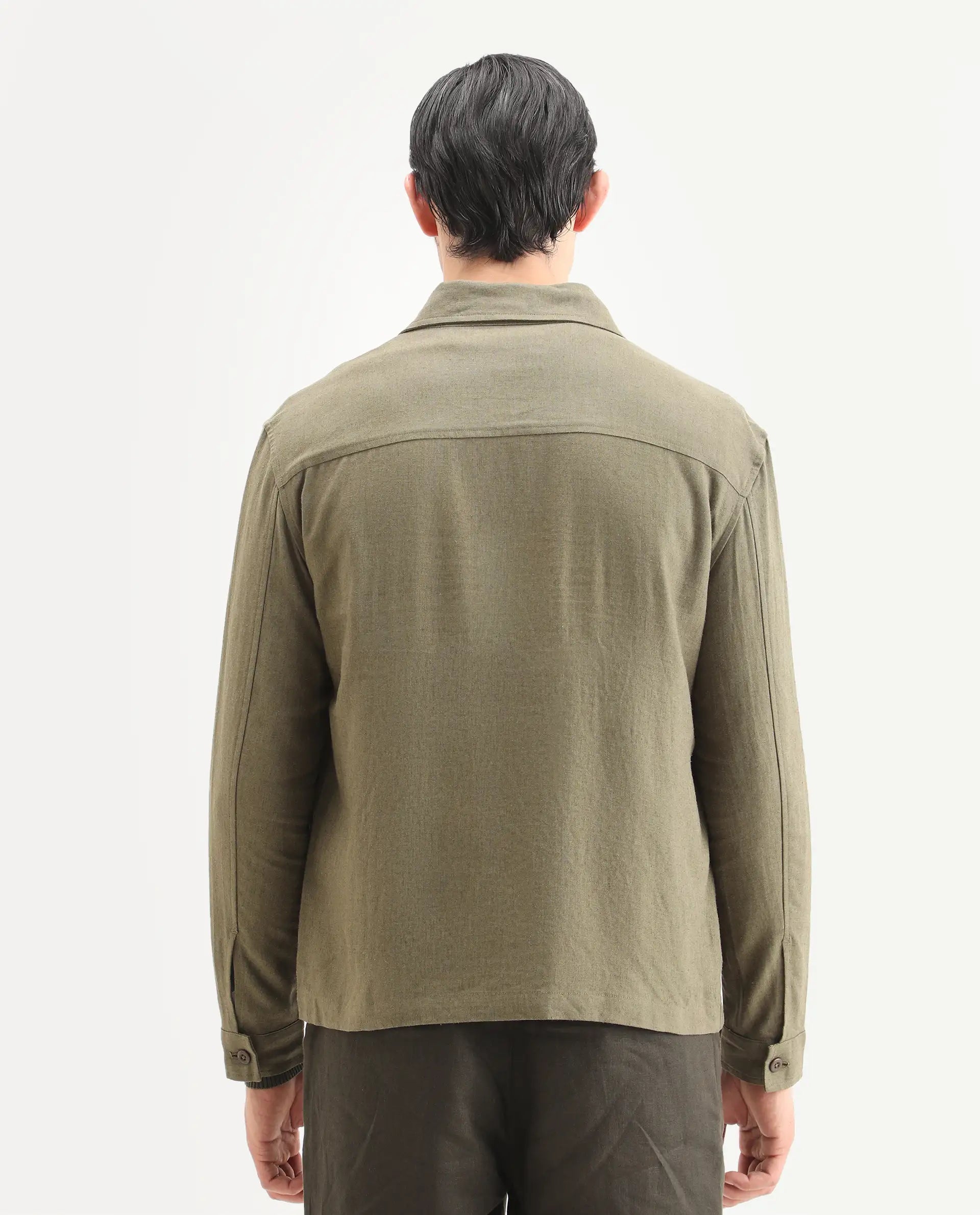Rare Rabbit Men's Jomo-T Olive Linen Blend Plain Relaxed Fit Full Sleeve Collared Shaket