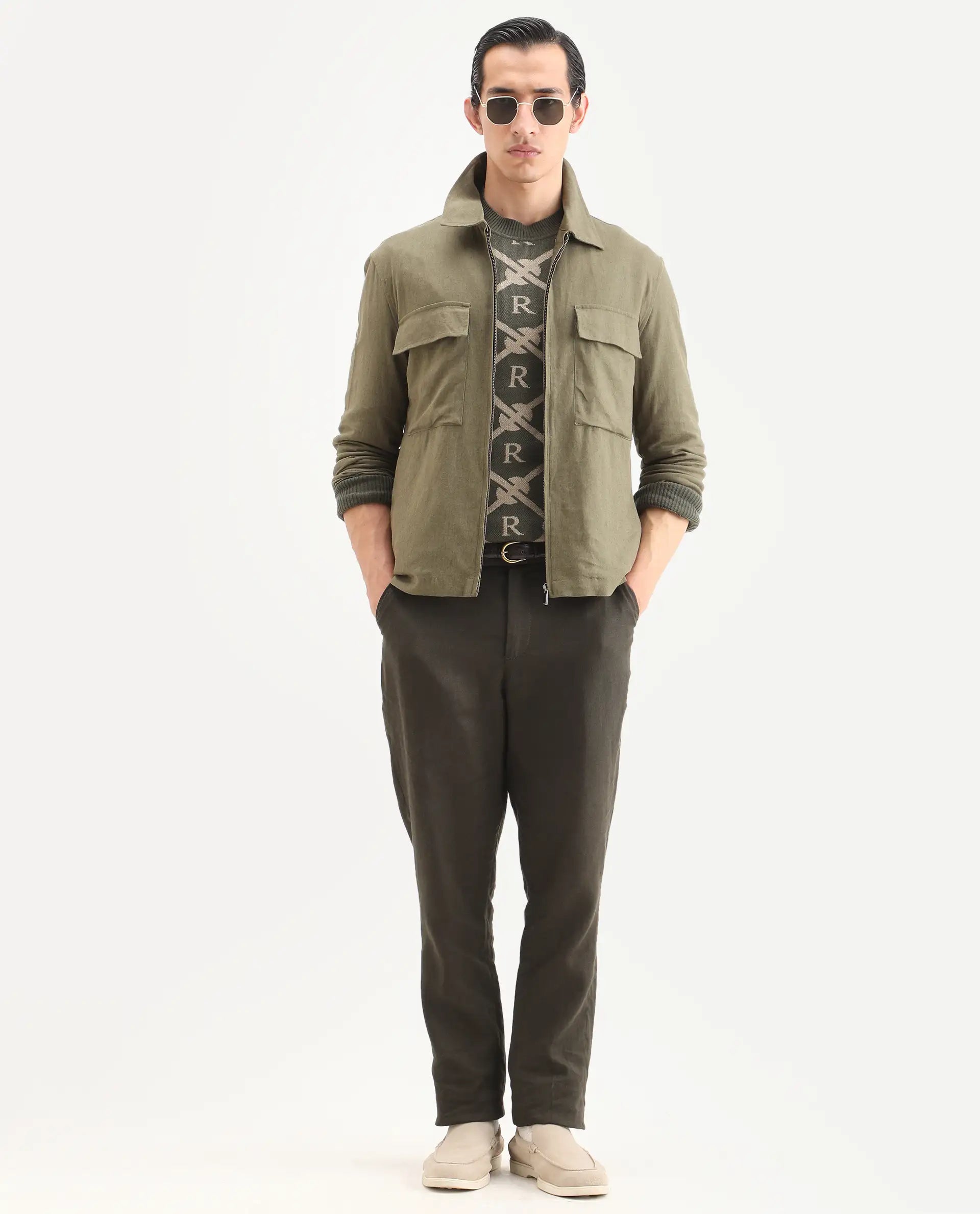 Rare Rabbit Men's Jomo-T Olive Linen Blend Plain Relaxed Fit Full Sleeve Collared Shaket