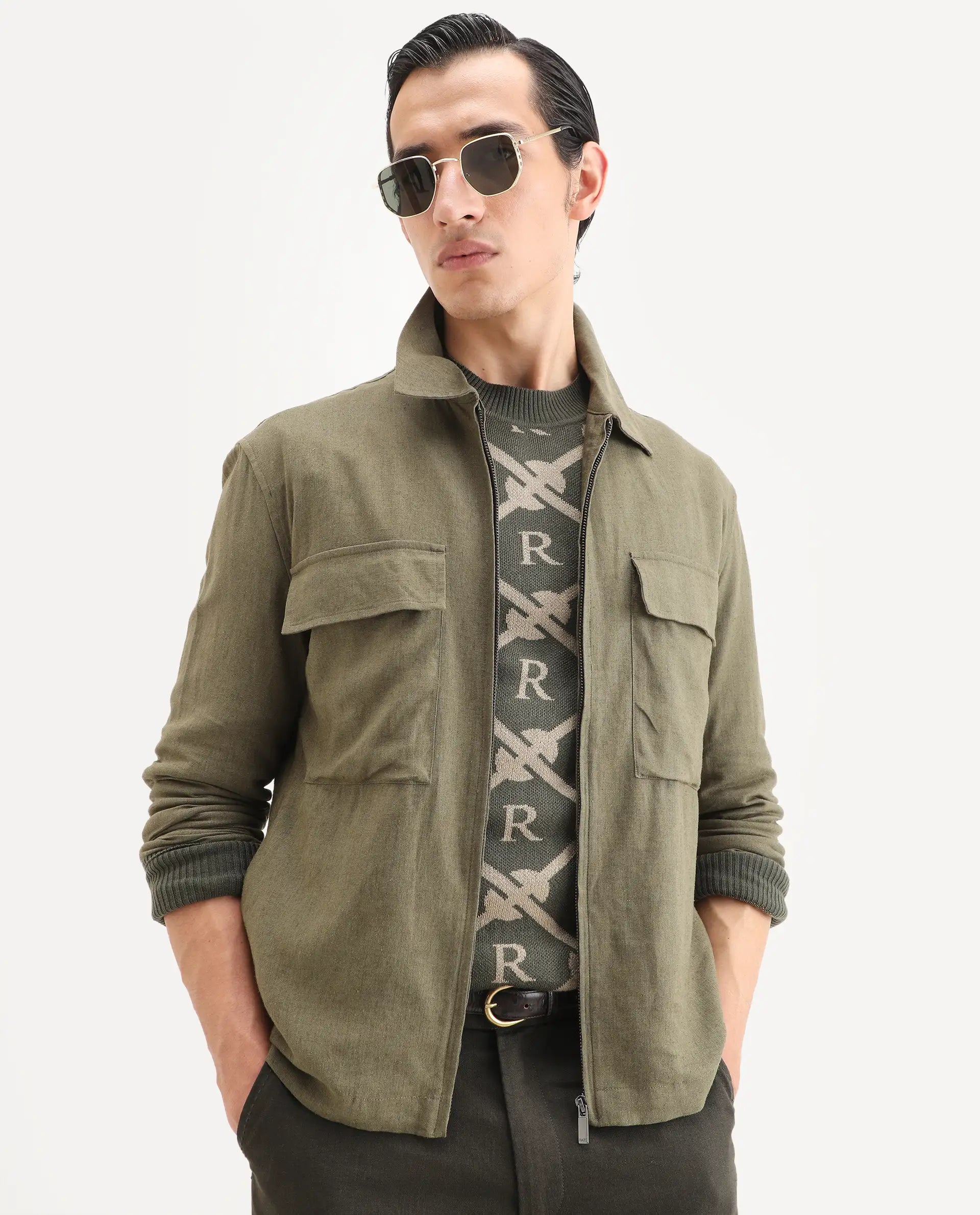 Rare Rabbit Men's Jomo-T Olive Linen Blend Plain Relaxed Fit Full Sleeve Collared Shaket