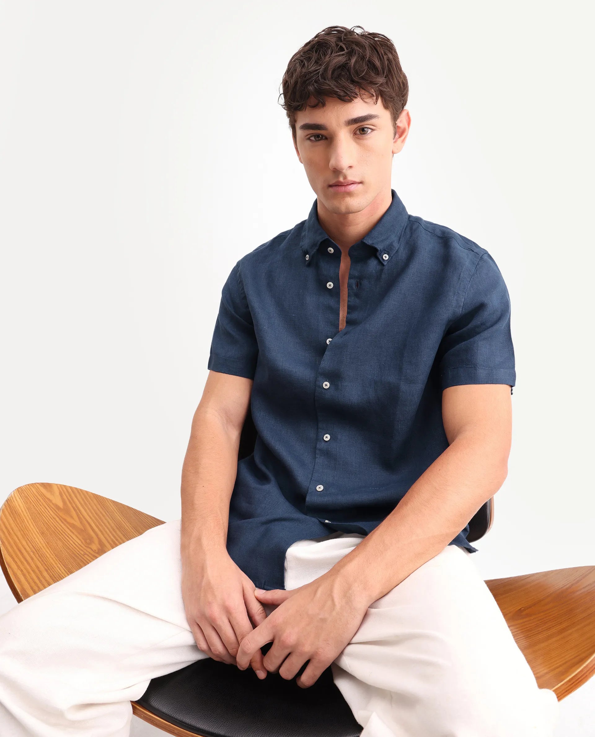 Rare Rabbit Men's Poist Navy 100% Linen Plain Regular Fit Half Sleeve Collared Shirt