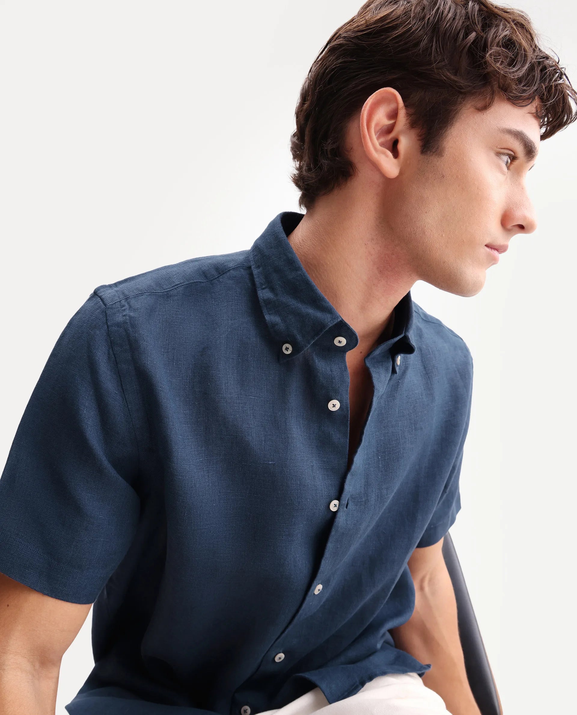 Rare Rabbit Men's Poist Navy 100% Linen Plain Regular Fit Half Sleeve Collared Shirt
