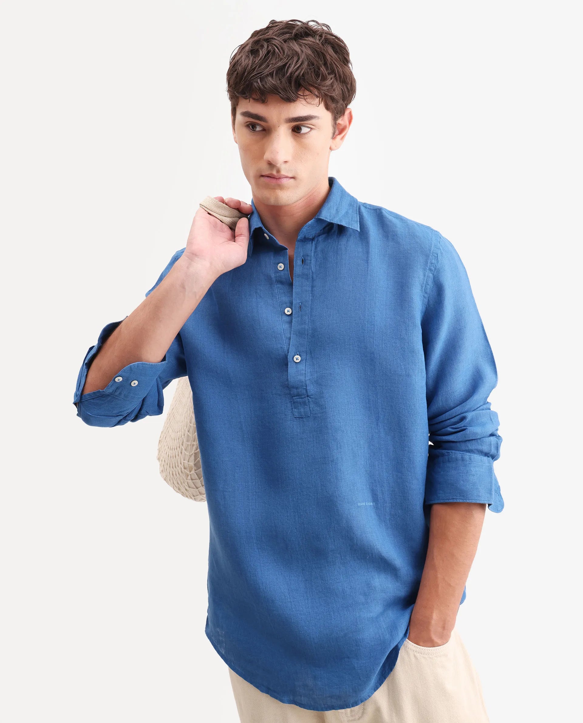 Rare Rabbit Men's Kurts Blue 100% Linen Plain Regular Fit Full Sleeve Collared Shirt