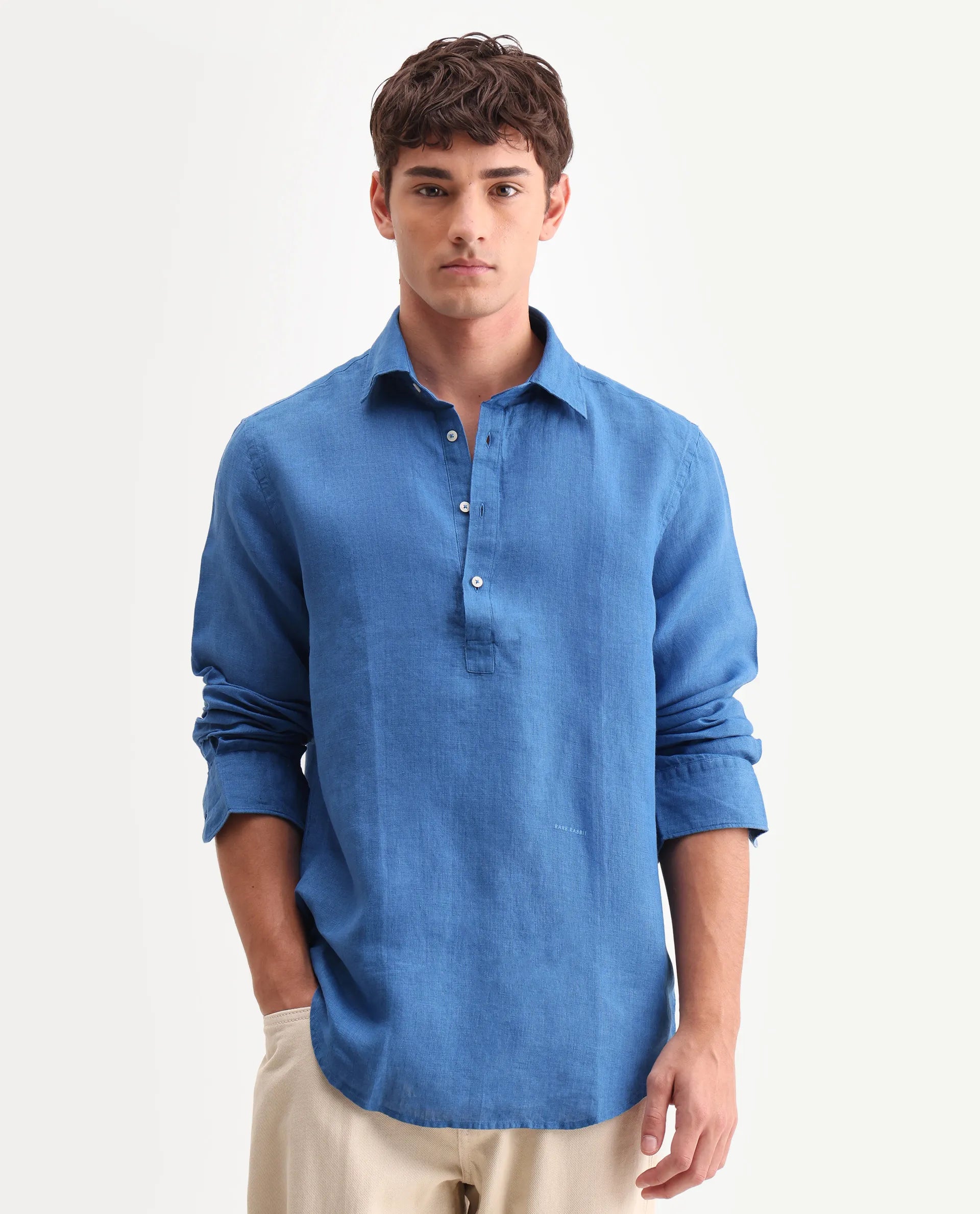 Rare Rabbit Men's Kurts Blue 100% Linen Plain Regular Fit Full Sleeve Collared Shirt