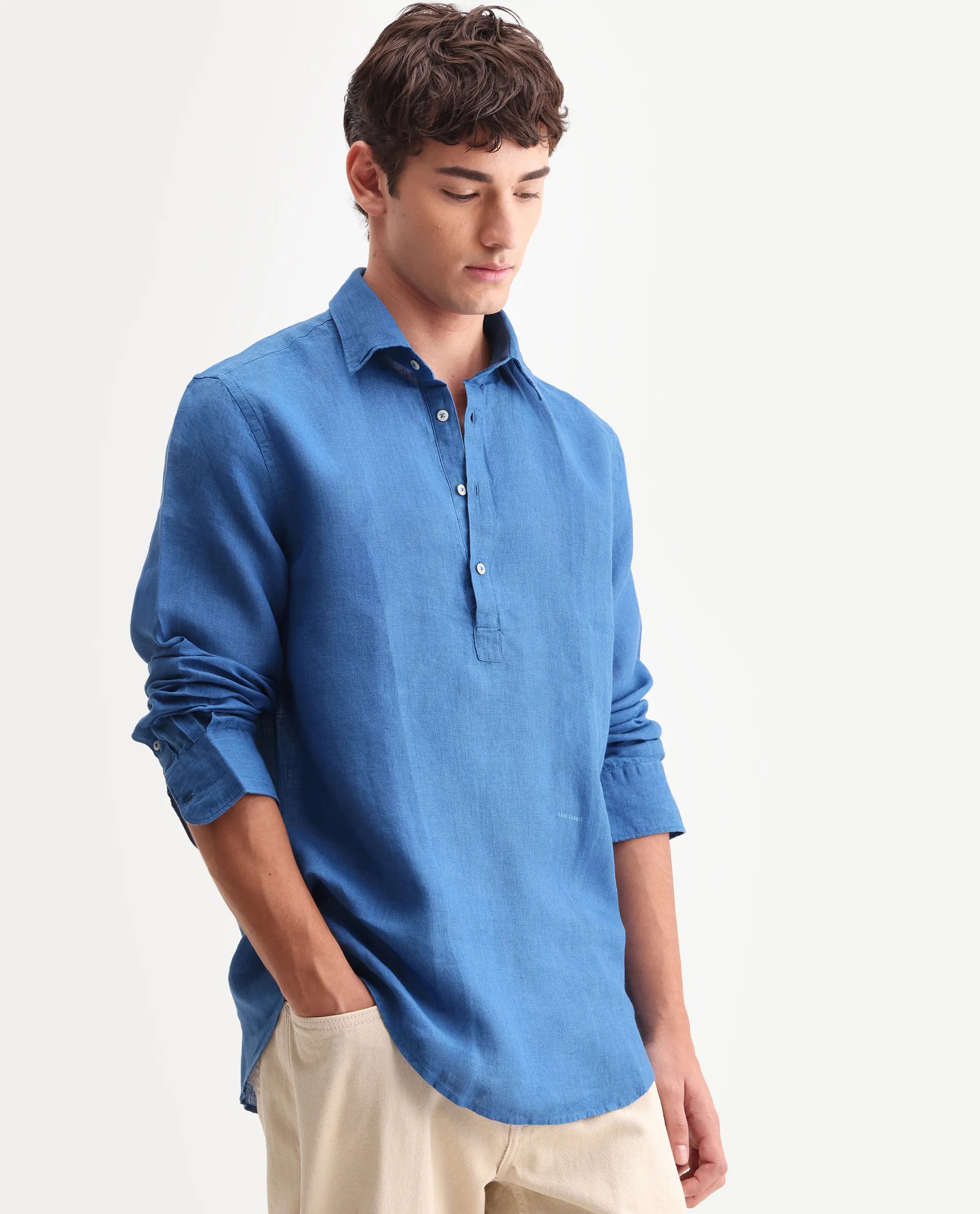 Rare Rabbit Men's Kurts Blue 100% Linen Plain Regular Fit Full Sleeve Collared Shirt