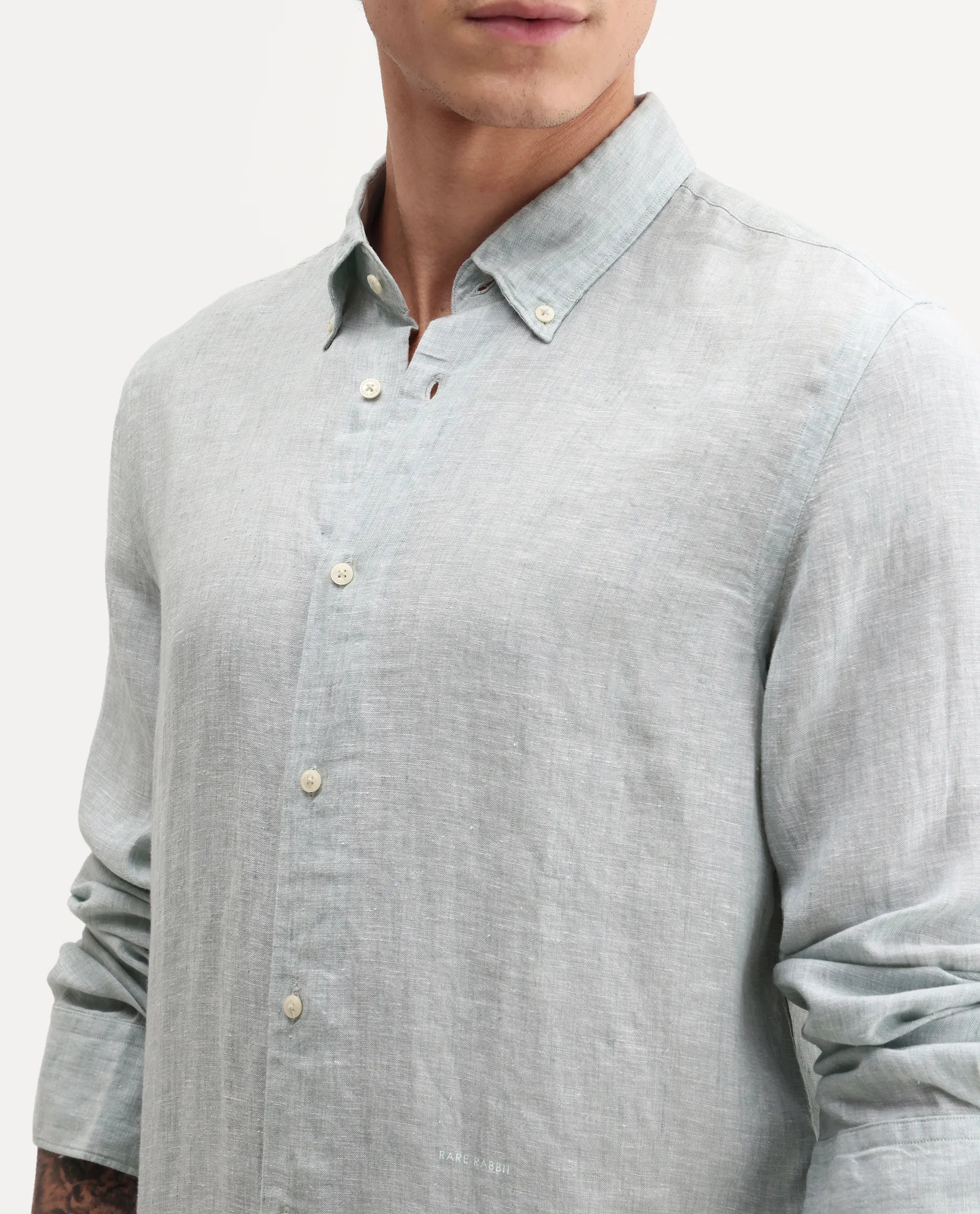 Rare Rabbit Men's Lucis Aqua 100% Linen Plain Regular Fit Full Sleeve Collared Shirt