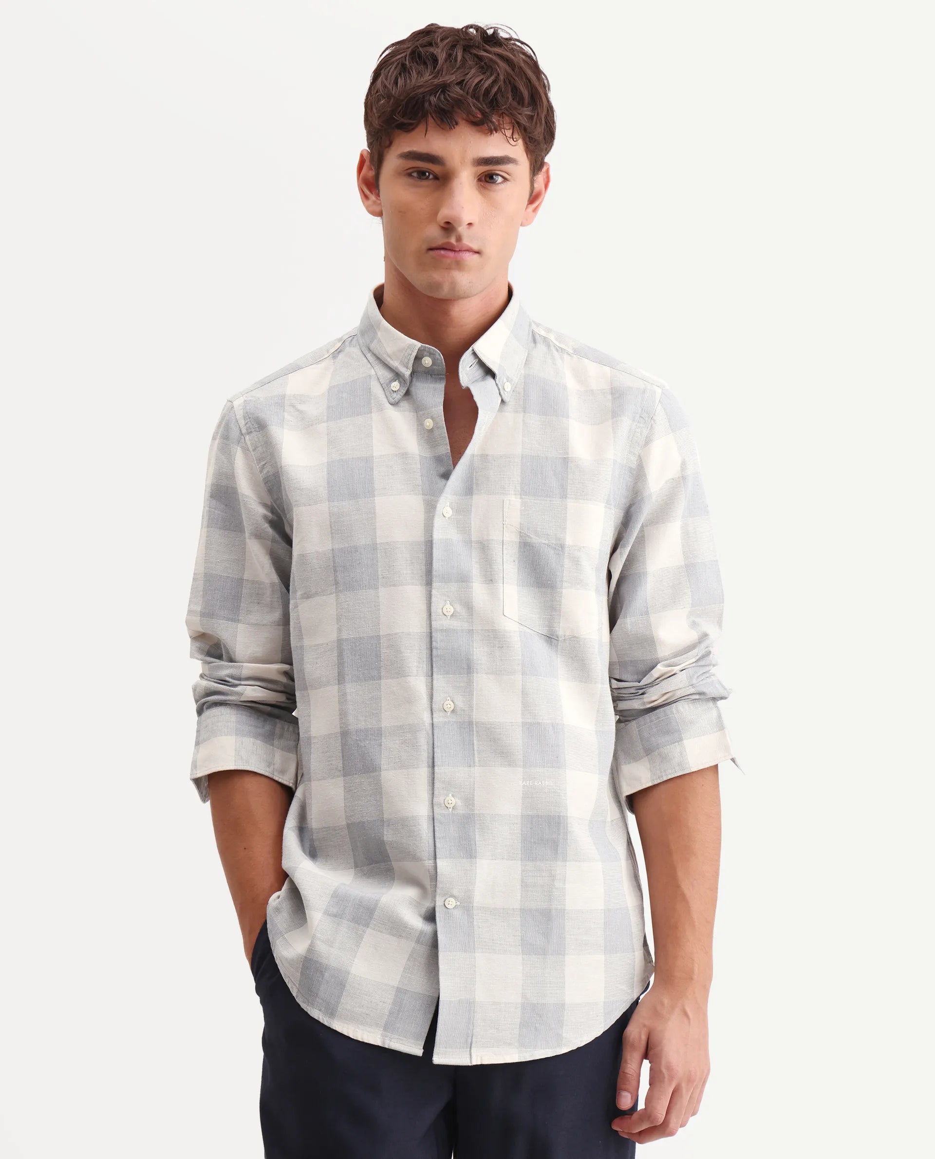 Rare Rabbit Men's Robina Blue 100% Linen Checked Print Regular Fit Full Sleeve Collared Shirt
