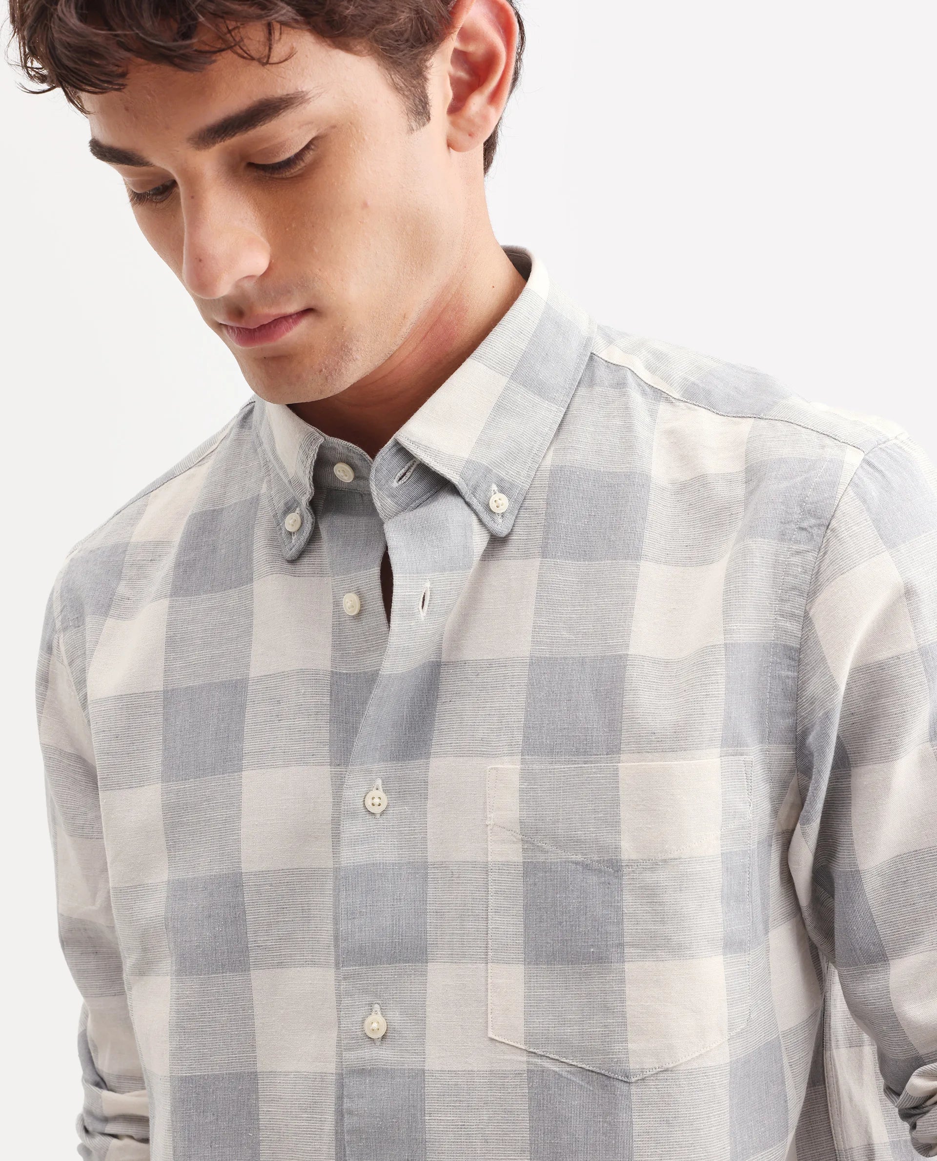 Rare Rabbit Men's Robina Blue 100% Linen Checked Print Regular Fit Full Sleeve Collared Shirt