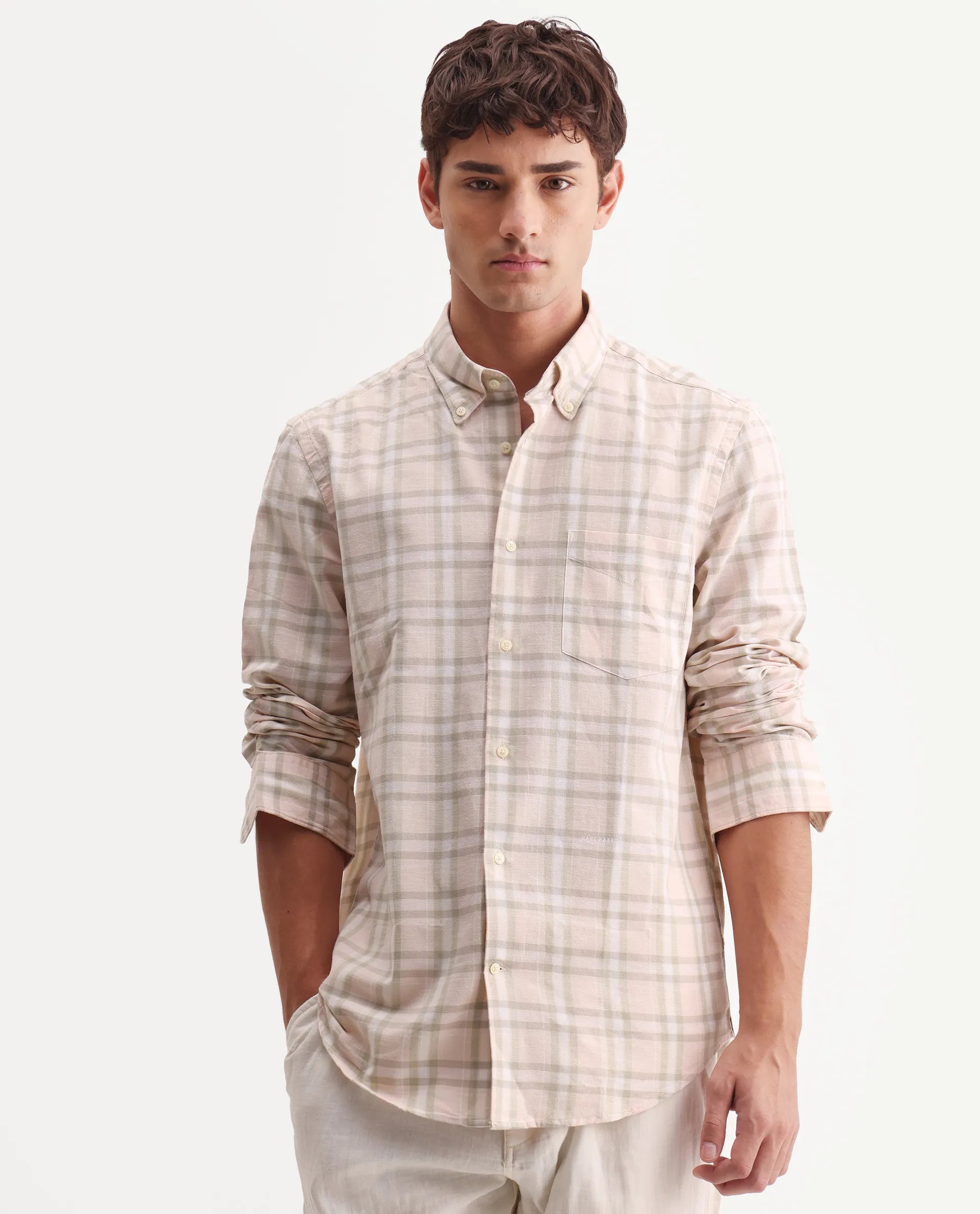 Rare Rabbit Men's Stur Pink 100% Linen Checked Print Regular Fit Full Sleeve Collared Shirt