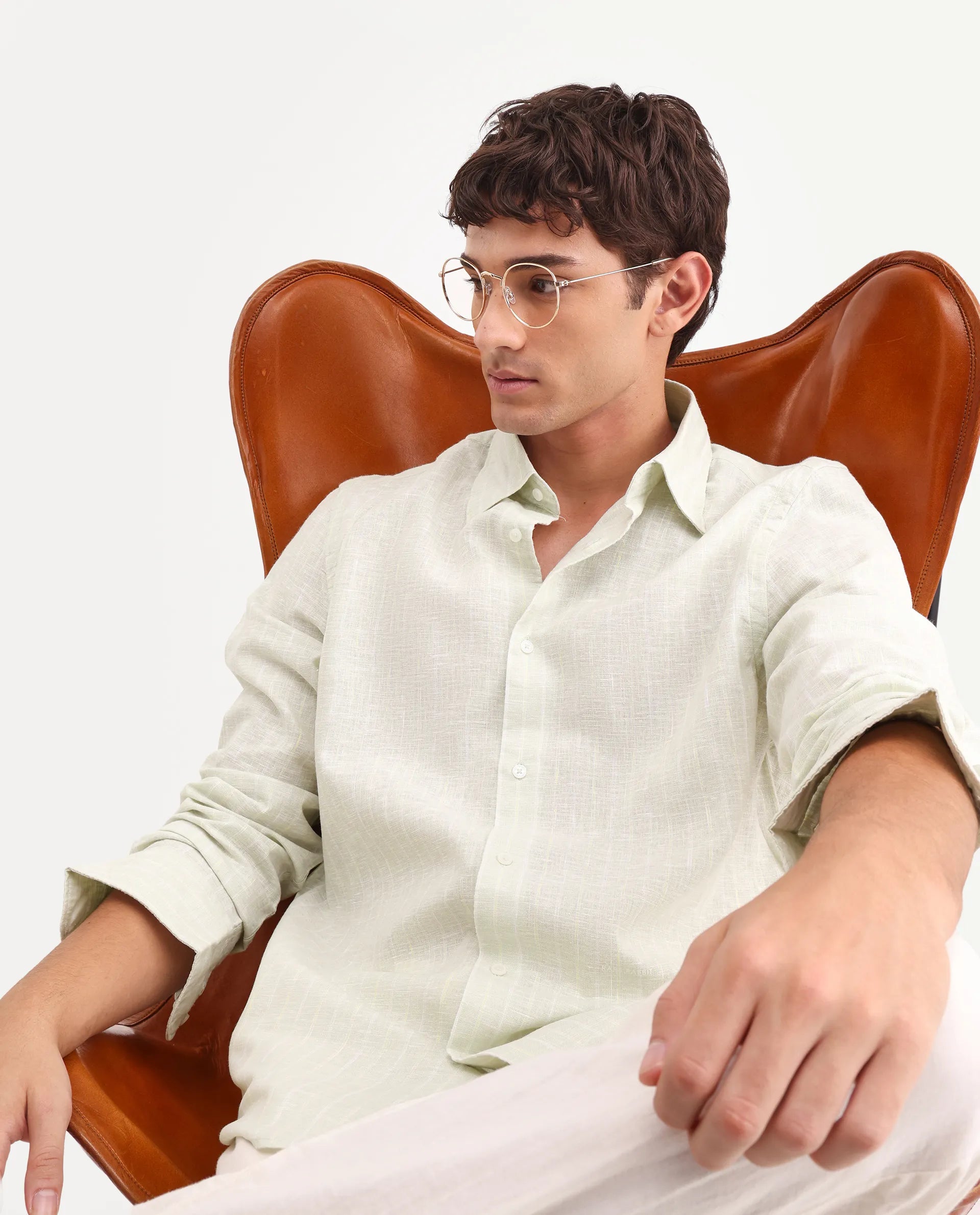 Rare Rabbit Men's Kylo Sage 100% Linen Striped Print Regular Fit Full Sleeve Collared Shirt