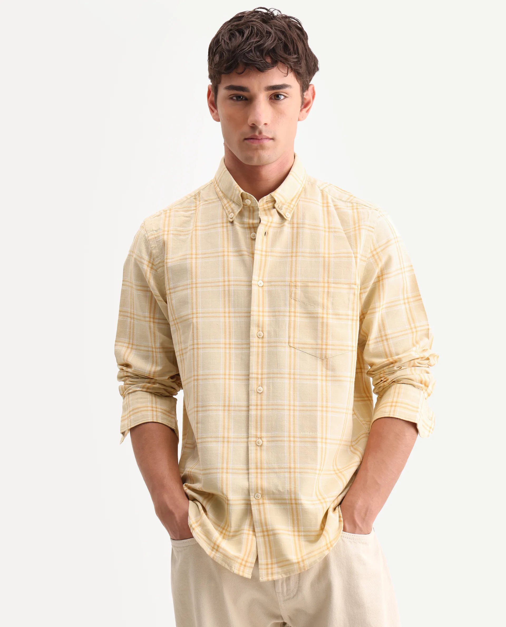 Rare Rabbit Men's Jaze Yellow 100% Linen Checked Print Regular Fit Full Sleeve Collared Shirt