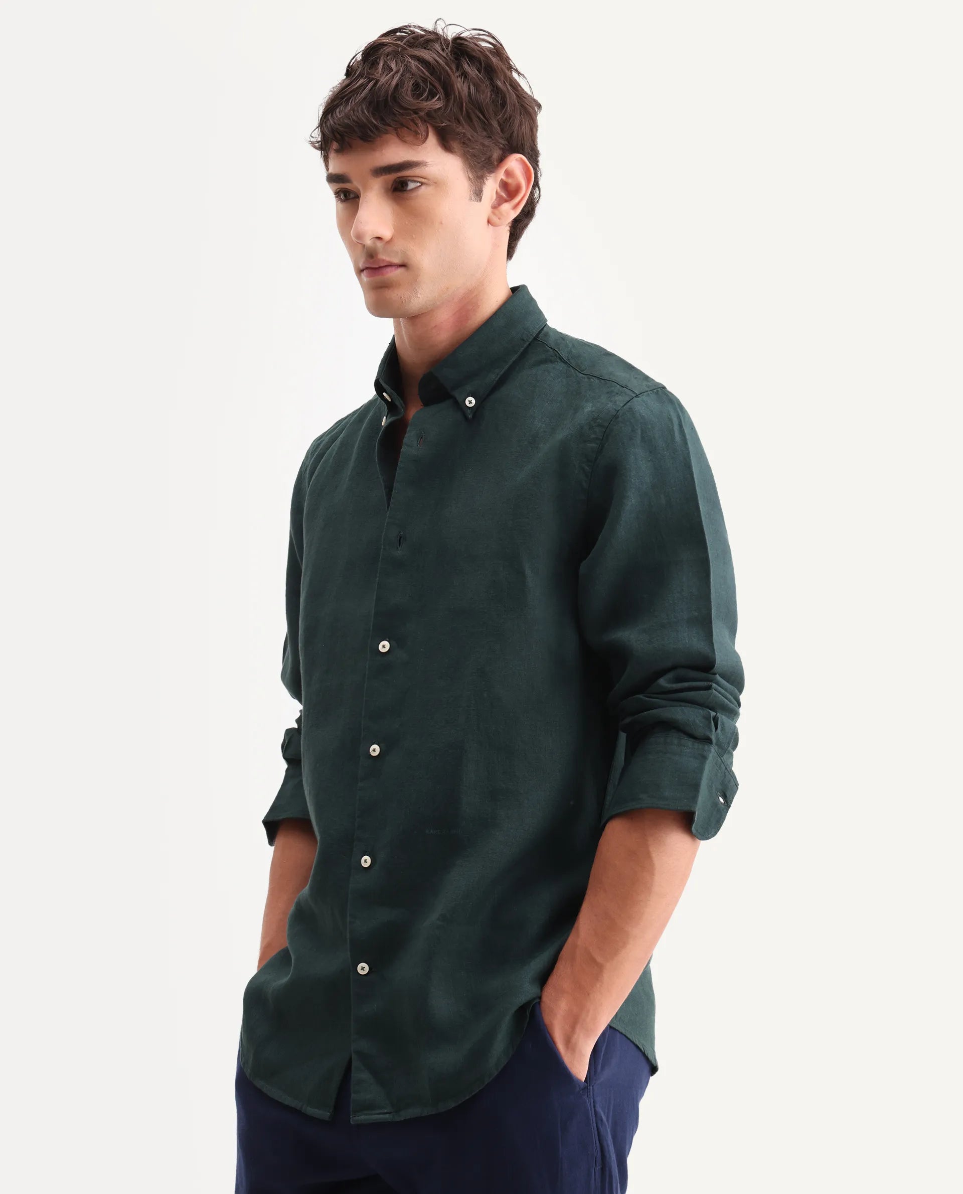 Rare Rabbit Men's Lucis Dark Green 100% Linen Plain Regular Fit Full Sleeve Collared Shirt