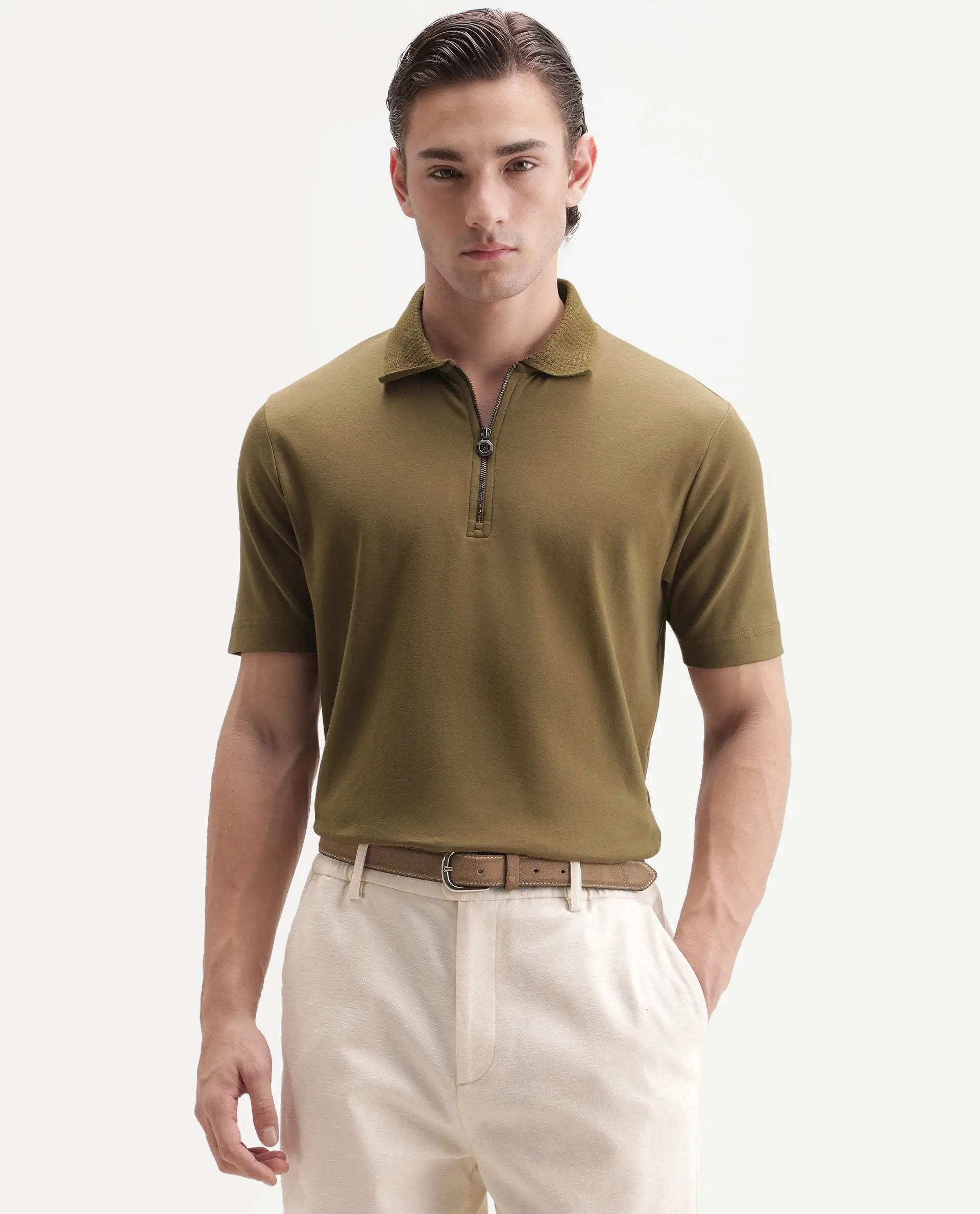 Rare Rabbit Men's Braido Dusky Olive Cotton Blend Fabric Half Sleeve Spread Collar Plain Polo
