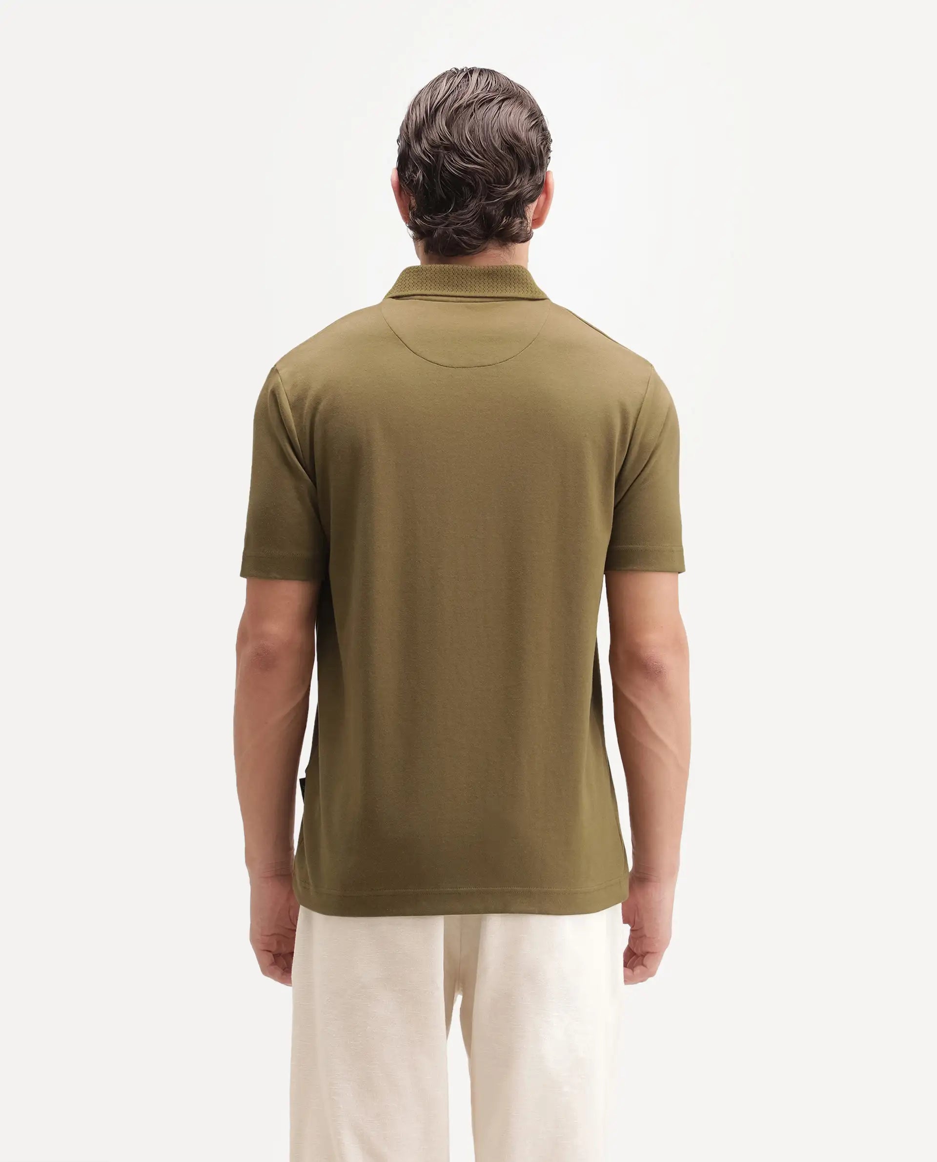 Rare Rabbit Men's Braido Dusky Olive Cotton Blend Fabric Half Sleeve Spread Collar Plain Polo