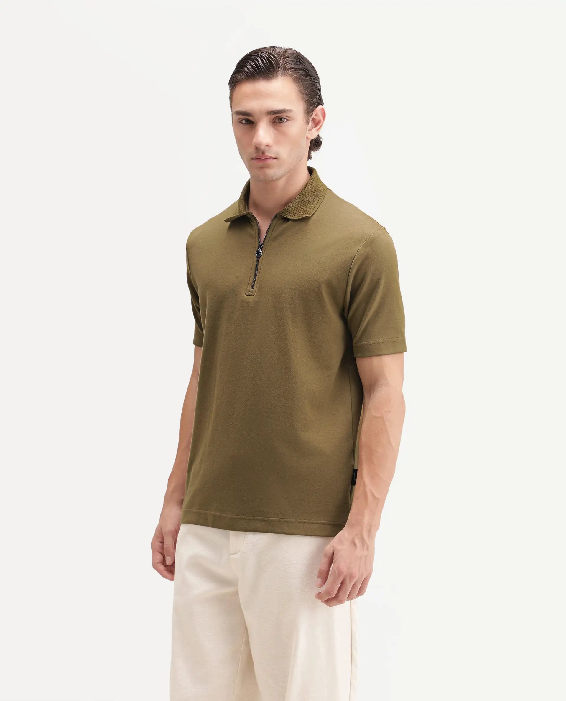 Rare Rabbit Men's Braido Dusky Olive Cotton Blend Fabric Half Sleeve Spread Collar Plain Polo