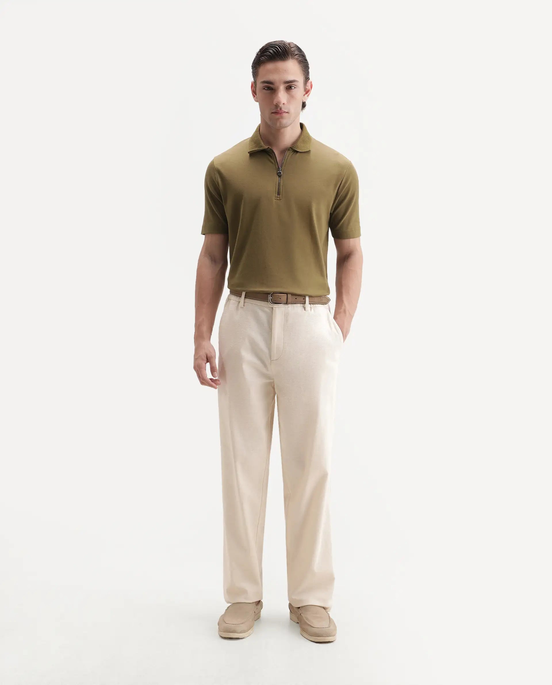Rare Rabbit Men's Braido Dusky Olive Cotton Blend Fabric Half Sleeve Spread Collar Plain Polo