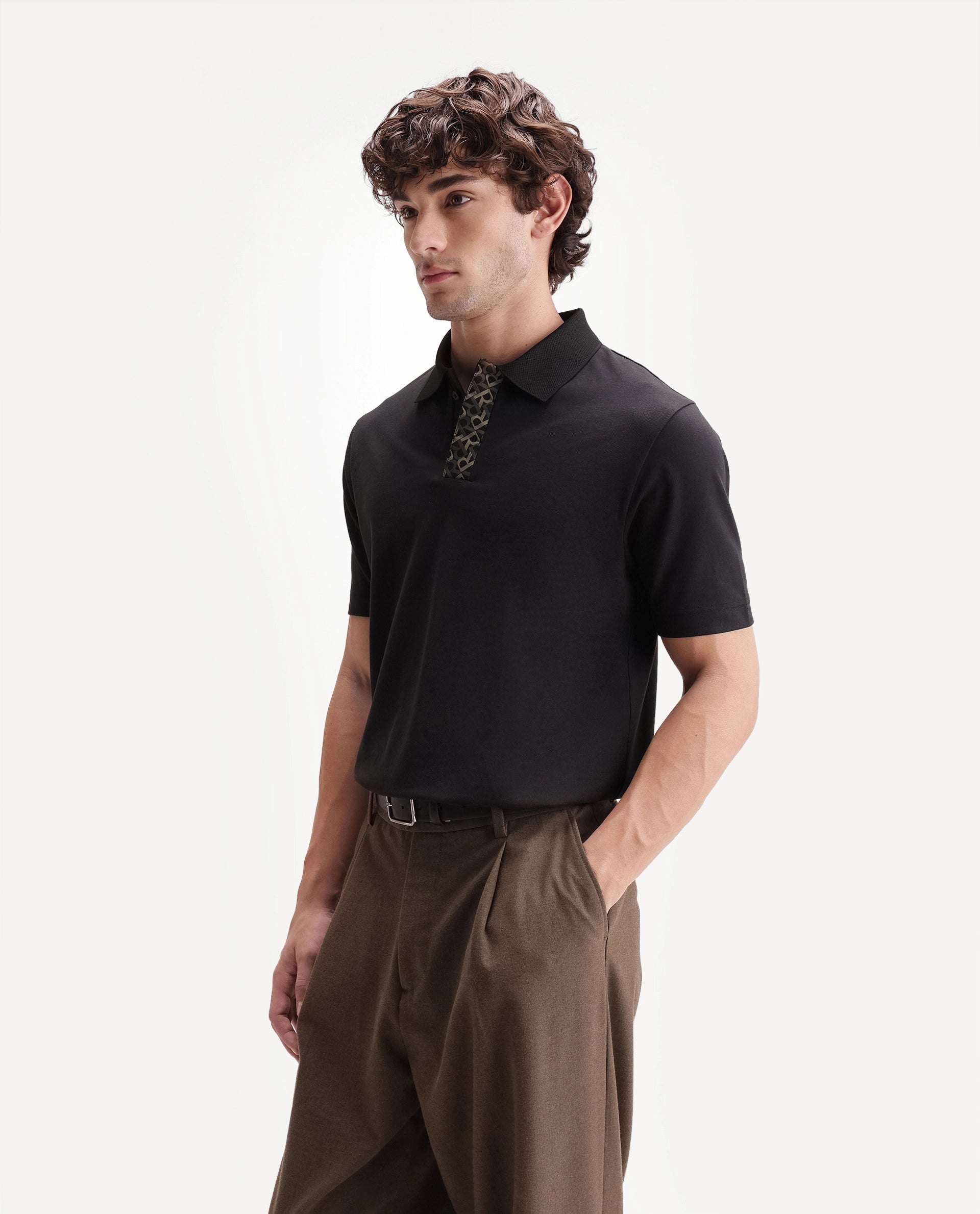 Rare Rabbit Men's Hin Black Cotton Blend Fabric Half Sleeve Spread Collar Plain Polo
