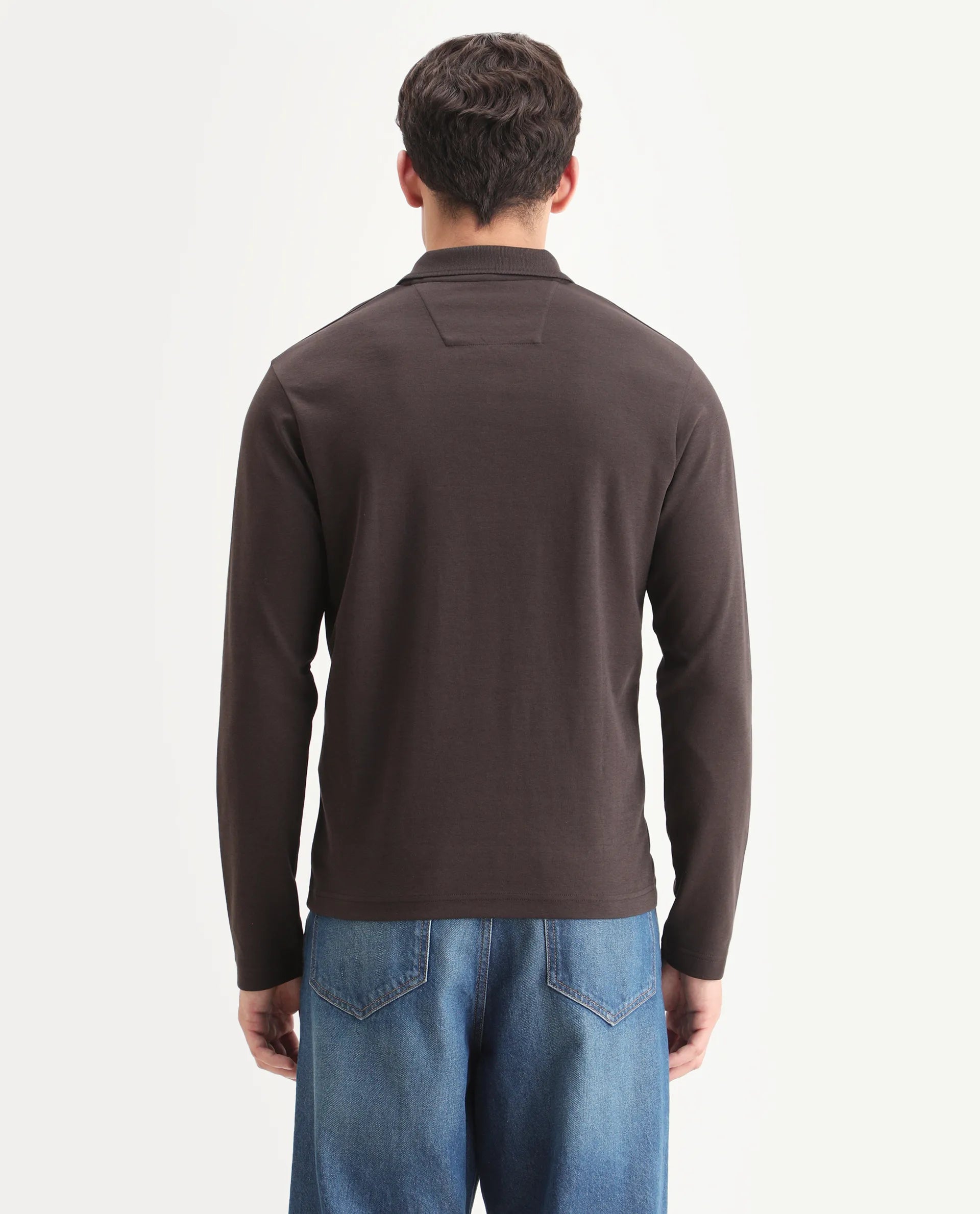 Rare Rabbit Men's Prut Dark Brown Cotton Blend Fabric Full Sleeve Spread Collar Plain Polo