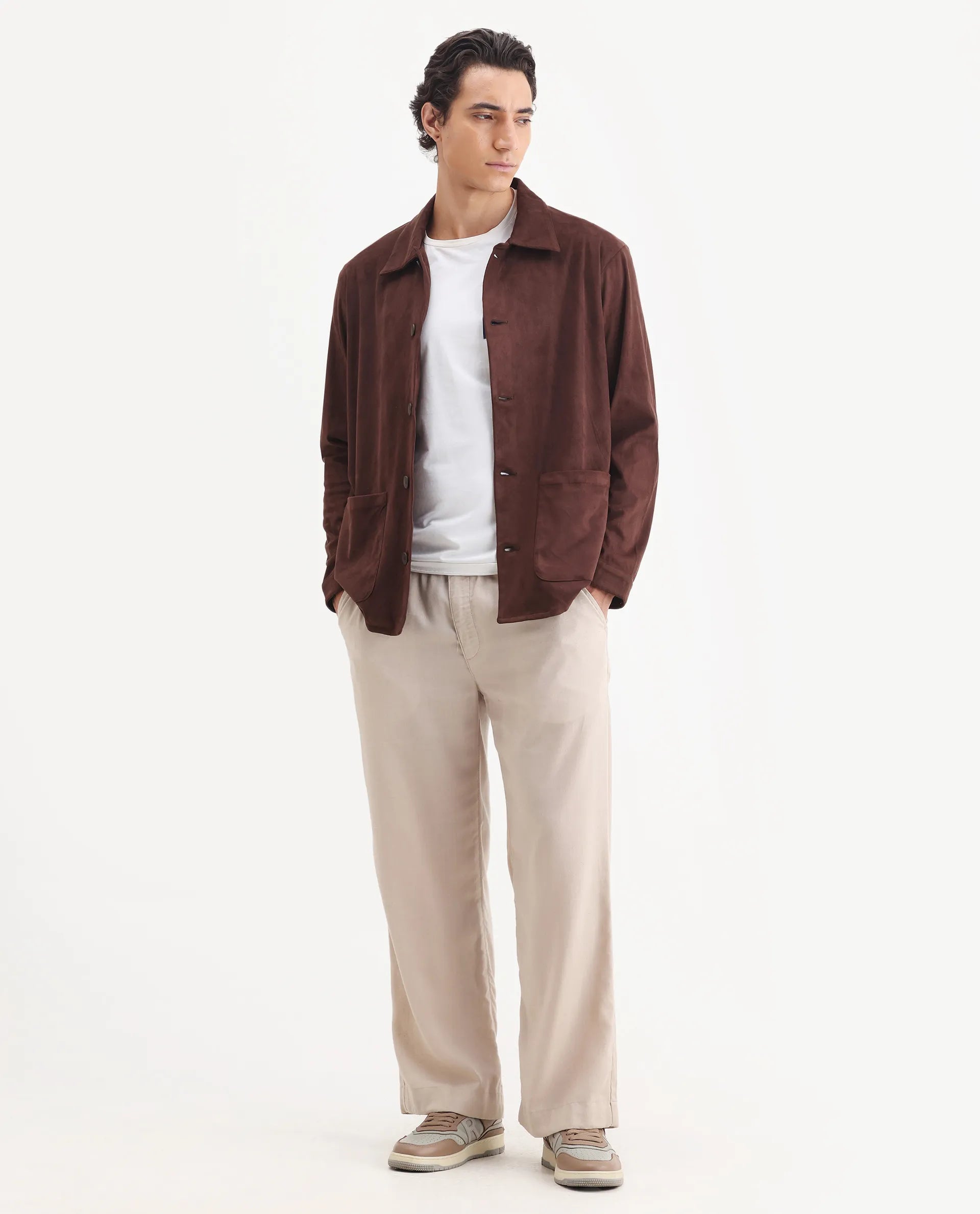 Rare Rabbit Men's Bran Brown Suede Blend Fabric Collared Neck Regular Fit Plain Jacket