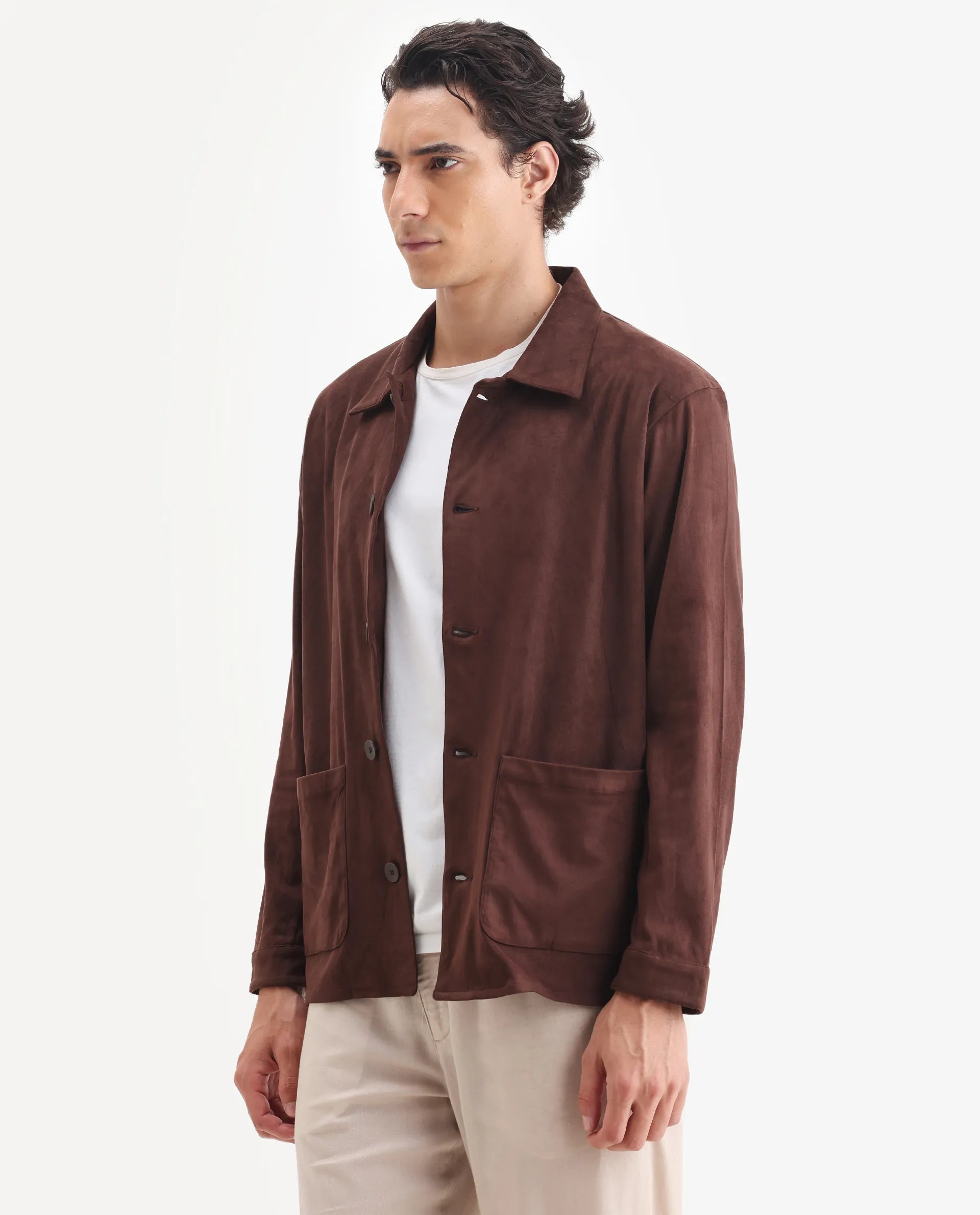 Rare Rabbit Men's Bran Brown Suede Blend Fabric Collared Neck Regular Fit Plain Jacket