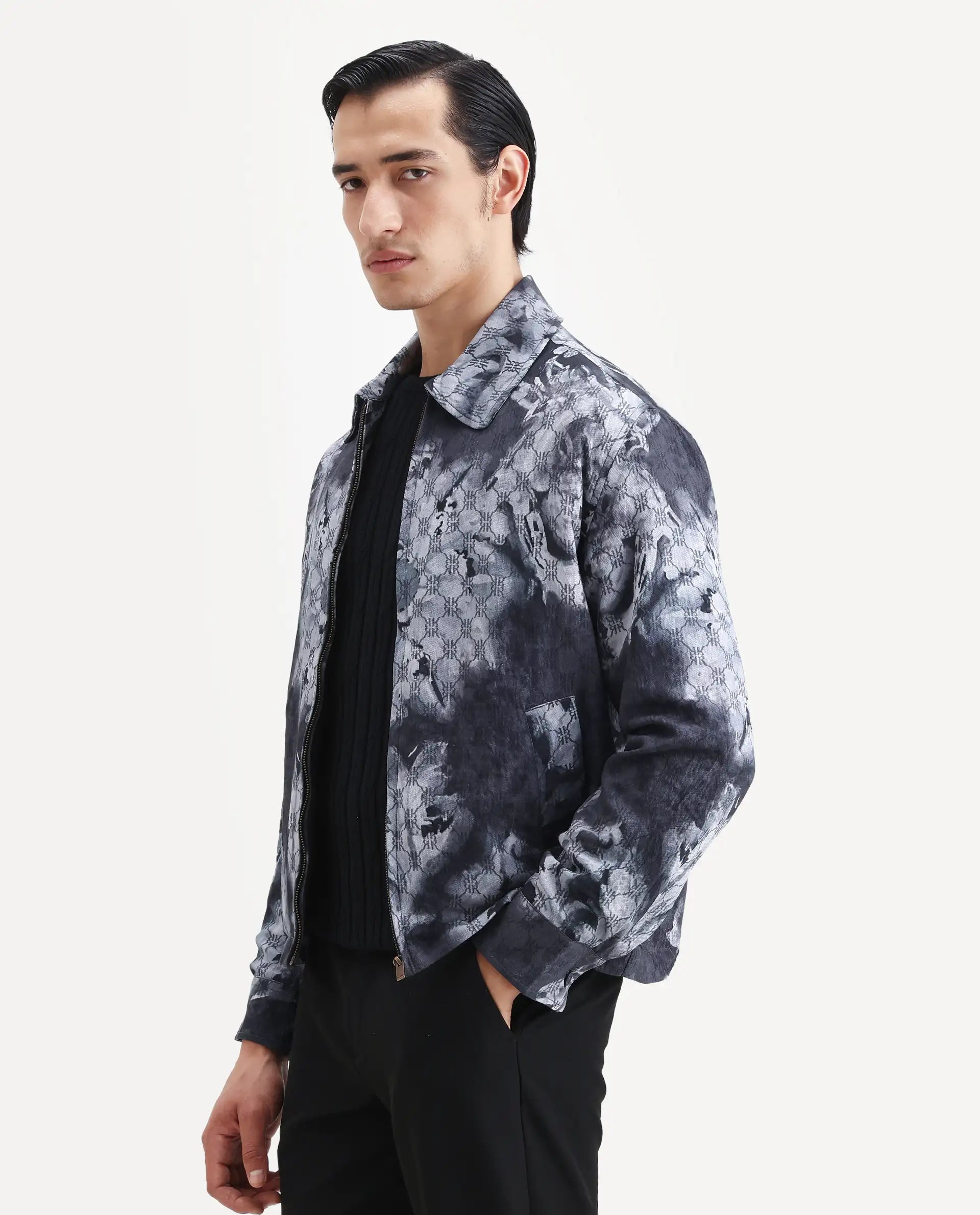 Rare Rabbit Men's Vorn Black Viscose Blend Fabric Spread Collar Regular Abstract Print Jacket