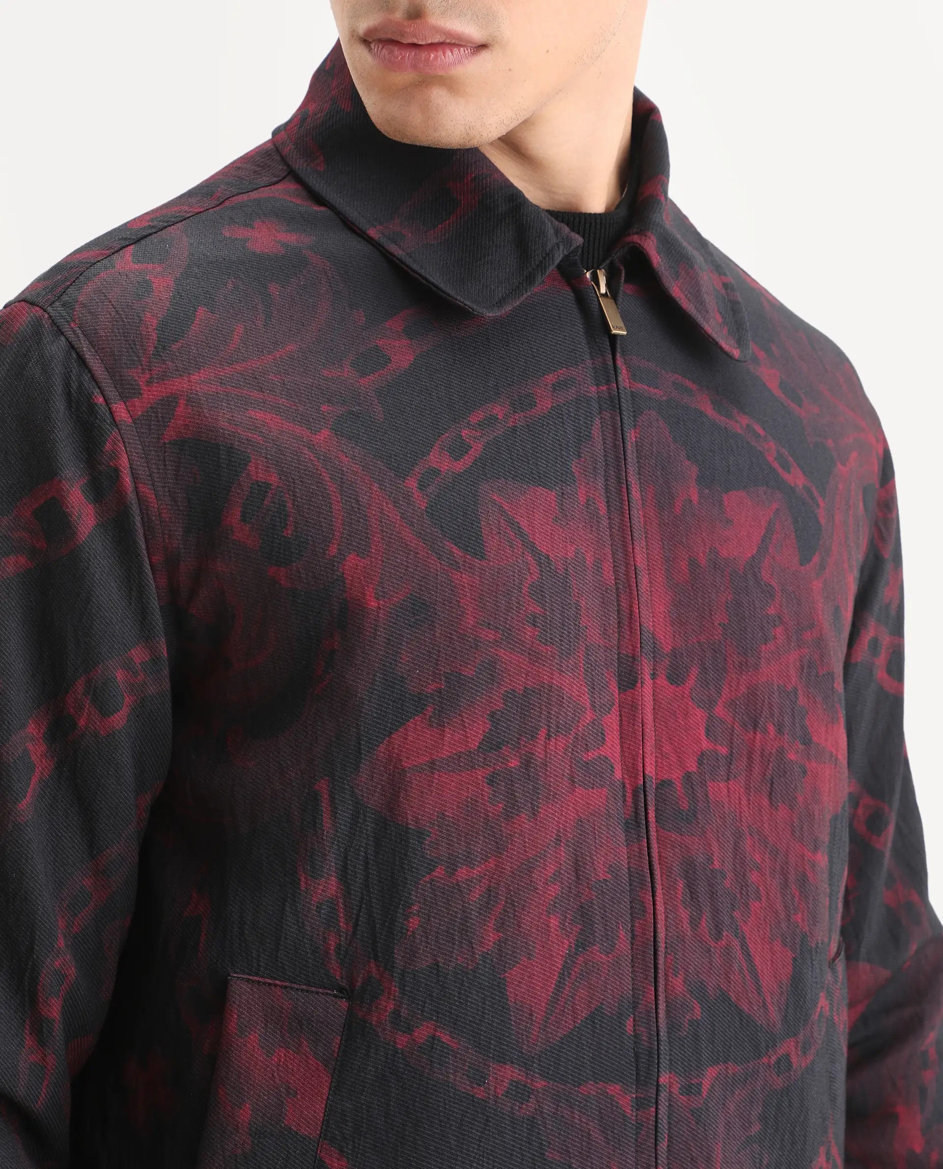 Rare Rabbit Men's Nulo Black Viscose Blend Fabric Spread Collar Regular Fit Abstract Print Jacket