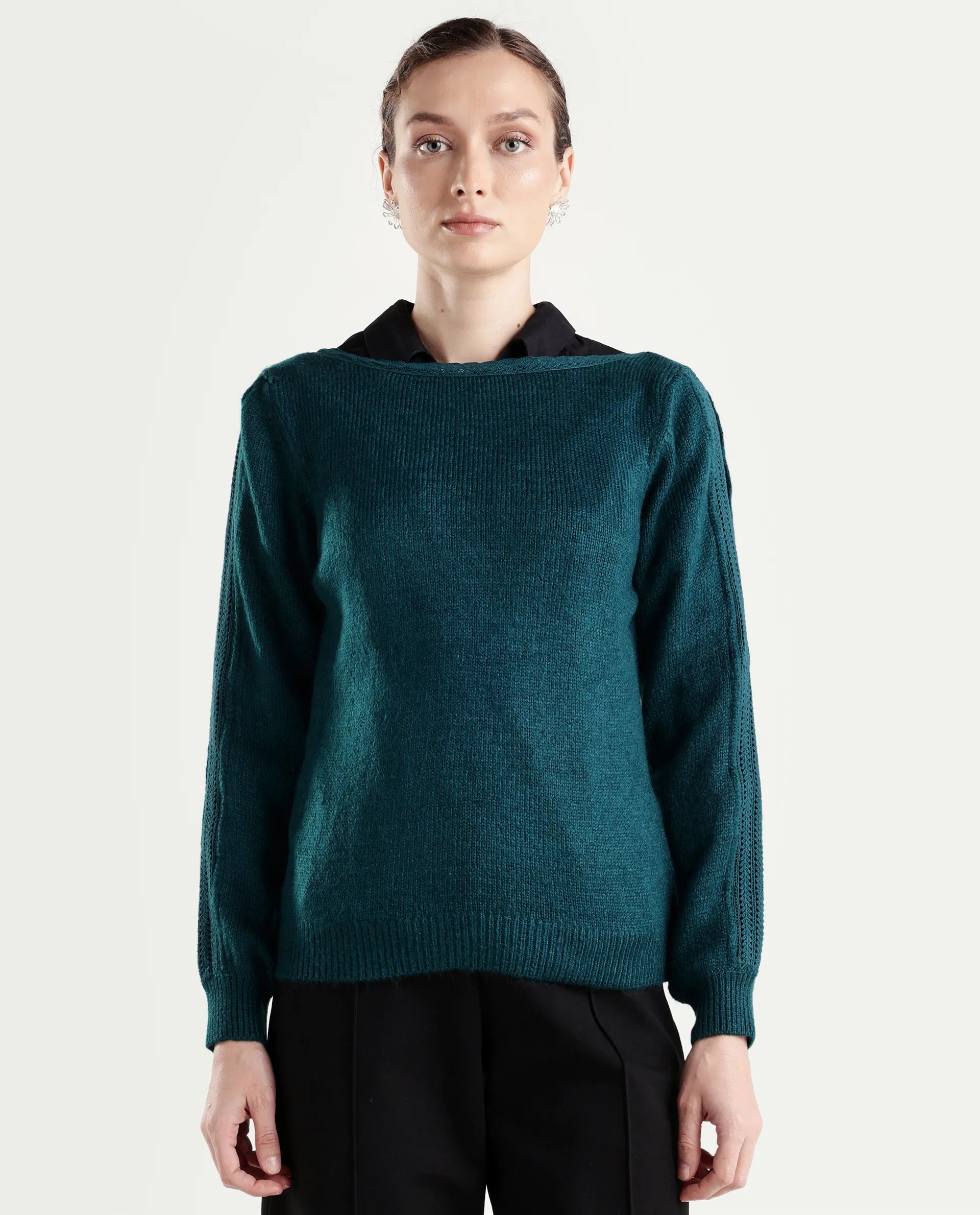 Rareism Women's Zula Dark Teal Acrylic Blend Boat Neck Relaxed Fit Plain Sweater