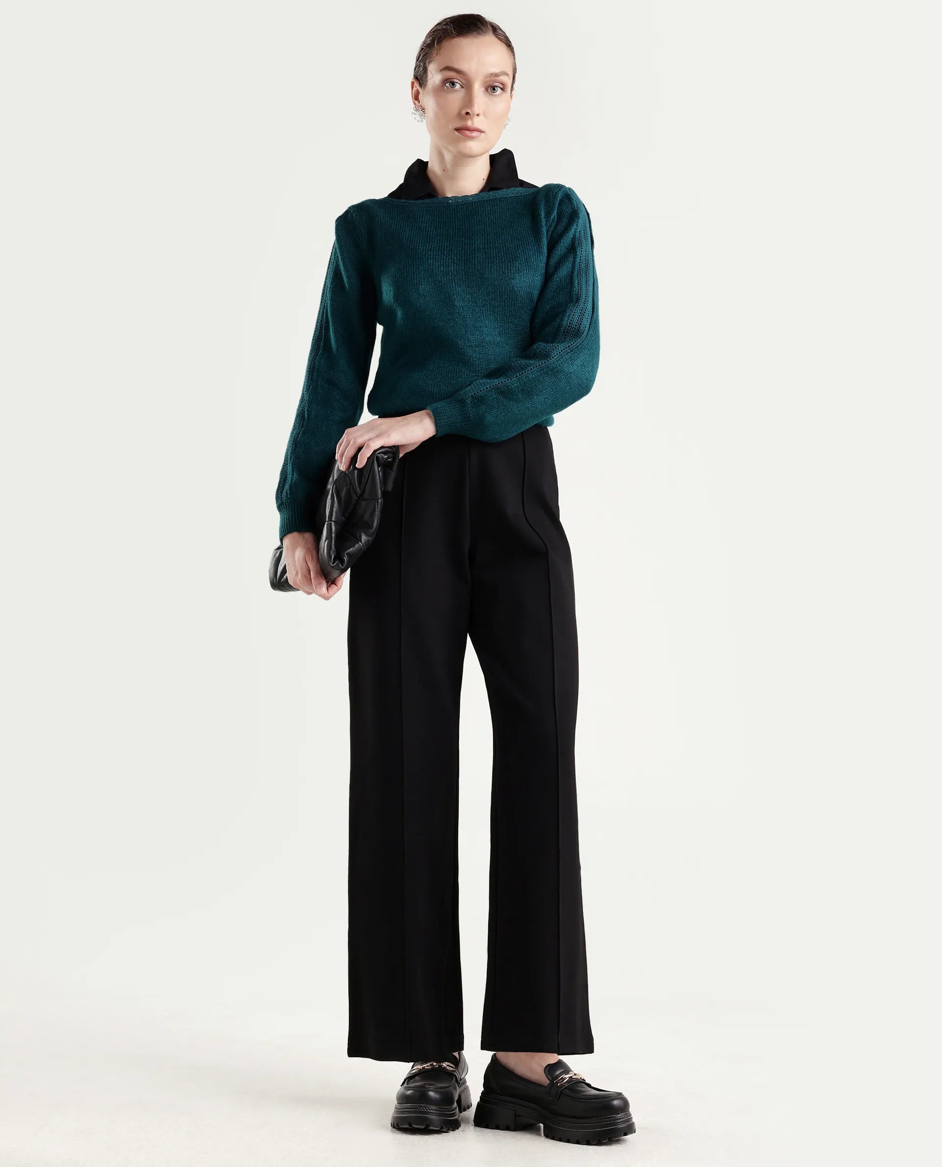 Rareism Women's Zula Dark Teal Acrylic Blend Boat Neck Relaxed Fit Plain Sweater
