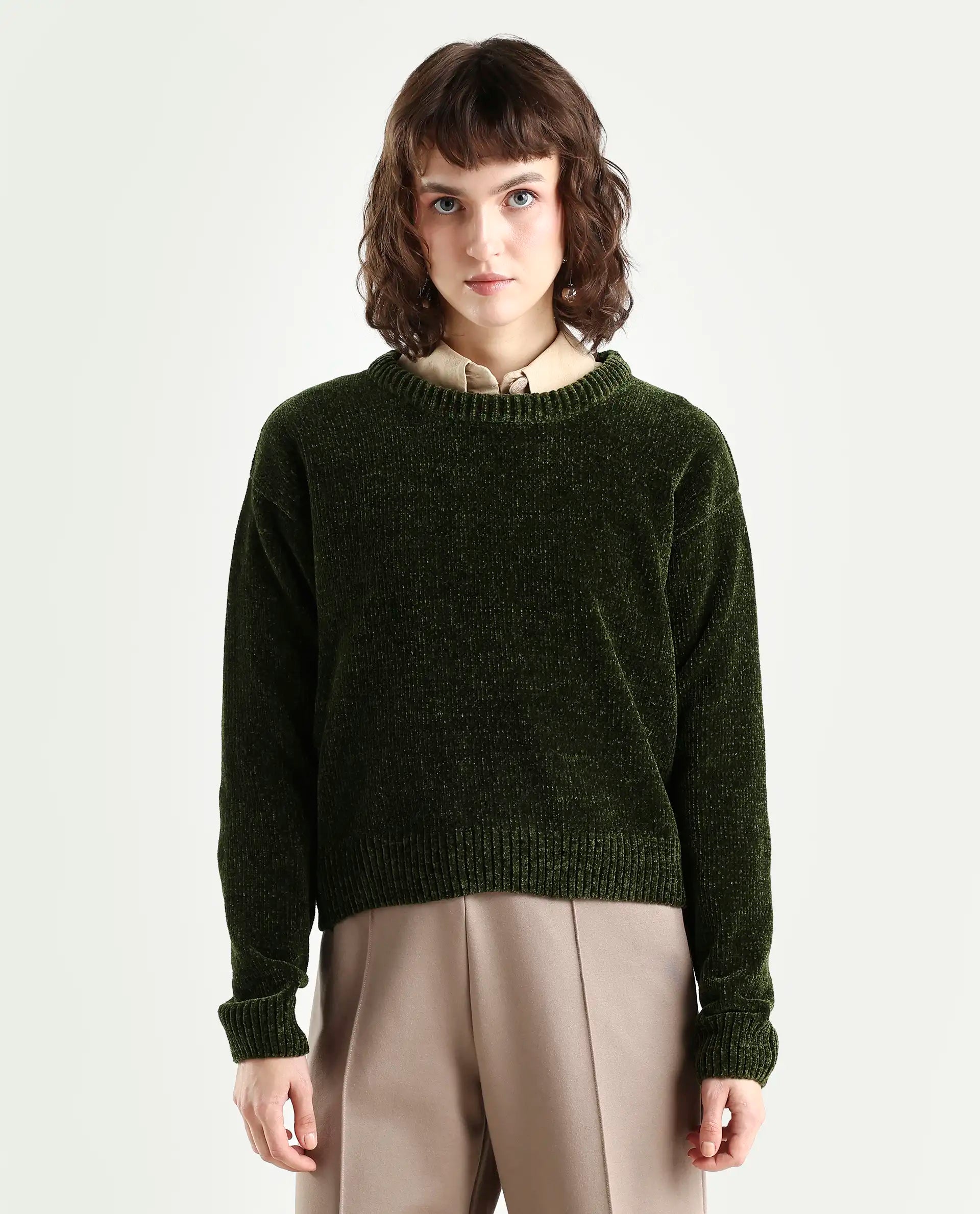 Rareism Women's Tosta Dark Olive Acrylic Crew Neck Relaxed Fit Plain Sweater