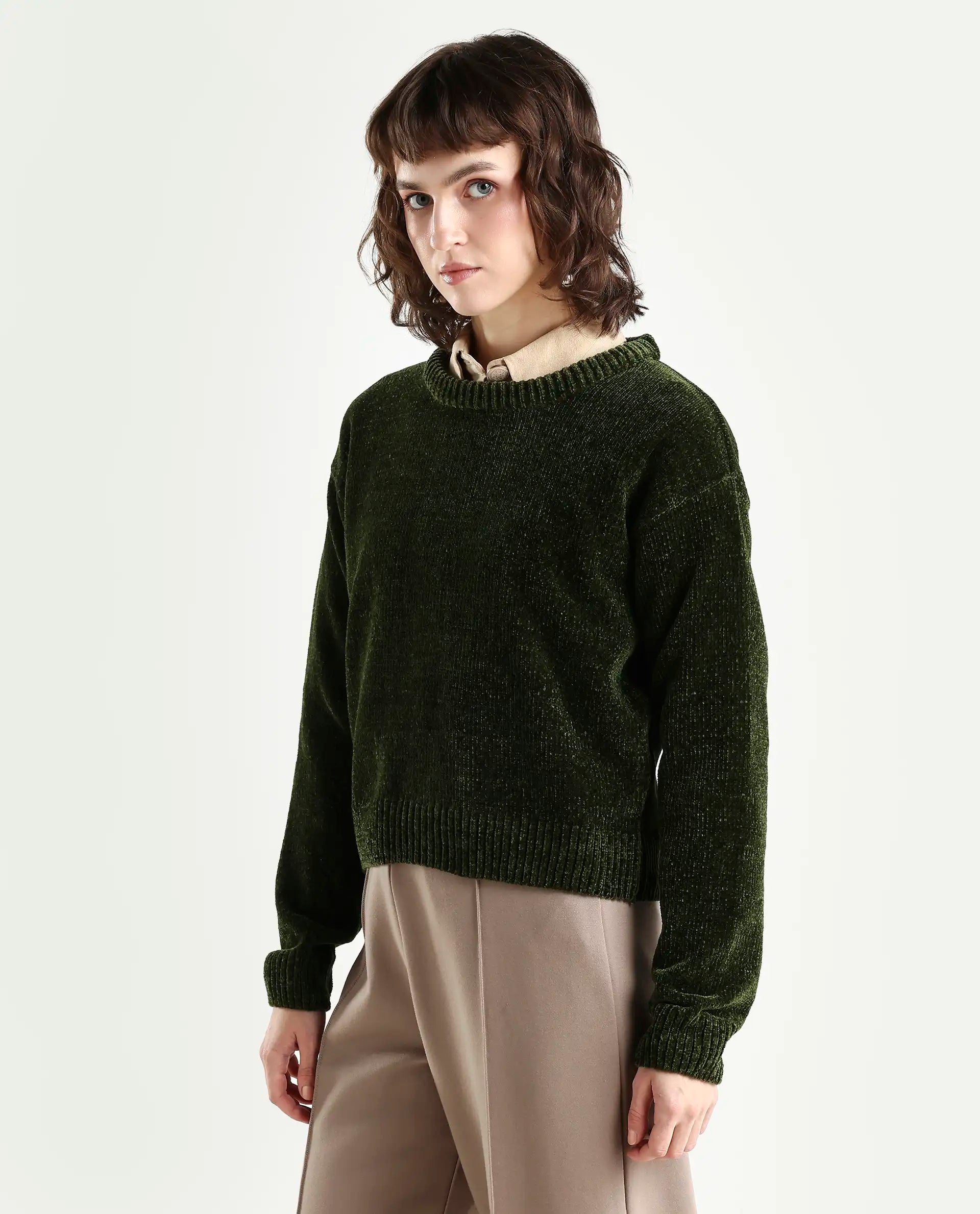 Rareism Women's Tosta Dark Olive Acrylic Crew Neck Relaxed Fit Plain Sweater