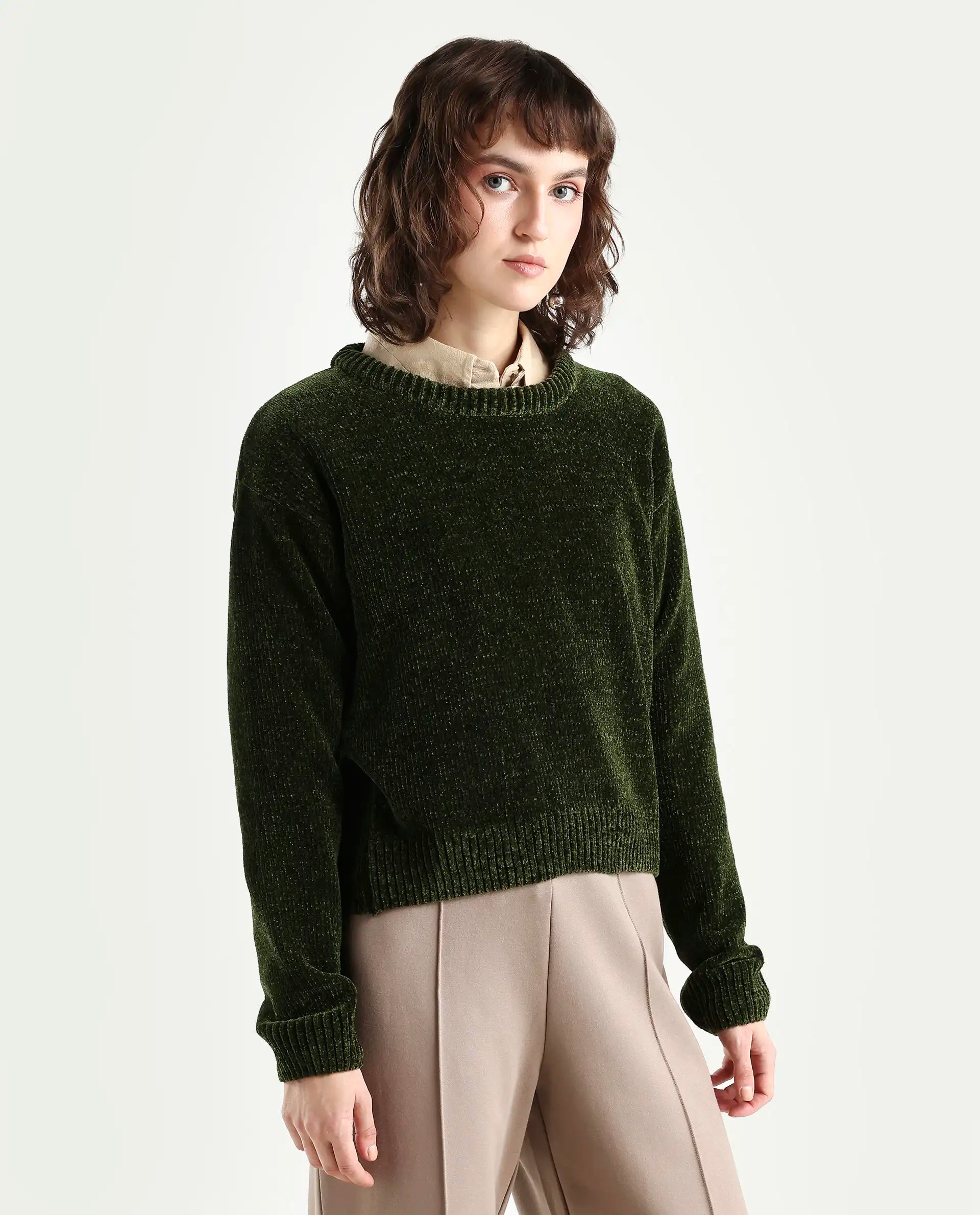 Rareism Women's Tosta Dark Olive Acrylic Crew Neck Relaxed Fit Plain Sweater