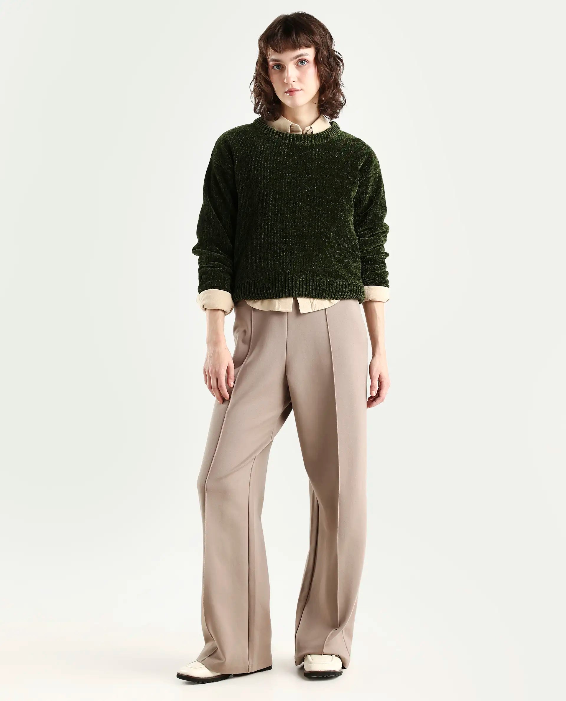 Rareism Women's Tosta Dark Olive Acrylic Crew Neck Relaxed Fit Plain Sweater