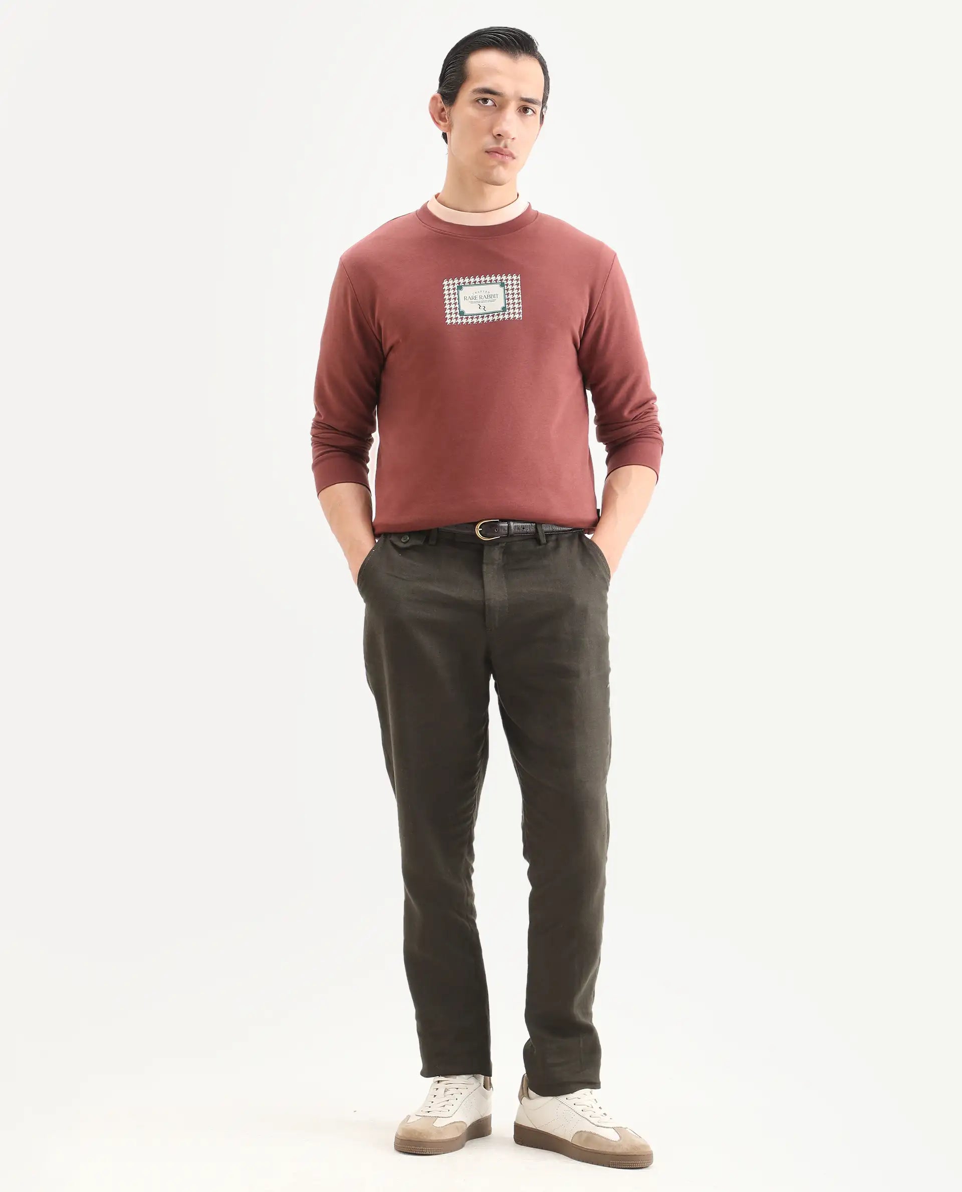 Rare Rabbit Men's Login Rust Cotton Blend Graphic Print Regular Fit Full Sleeve Crew Neck Sweatshirt