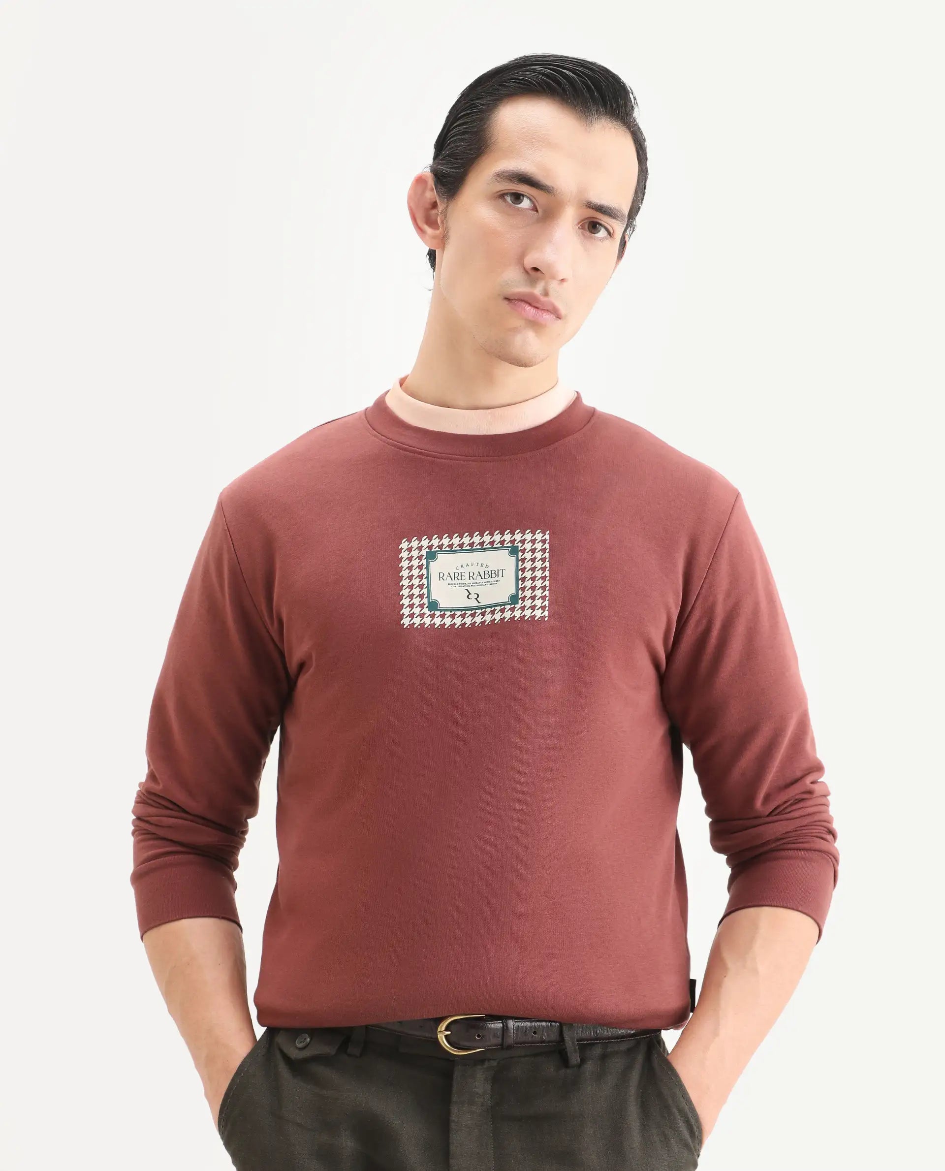 Rare Rabbit Men's Login Rust Cotton Blend Graphic Print Regular Fit Full Sleeve Crew Neck Sweatshirt
