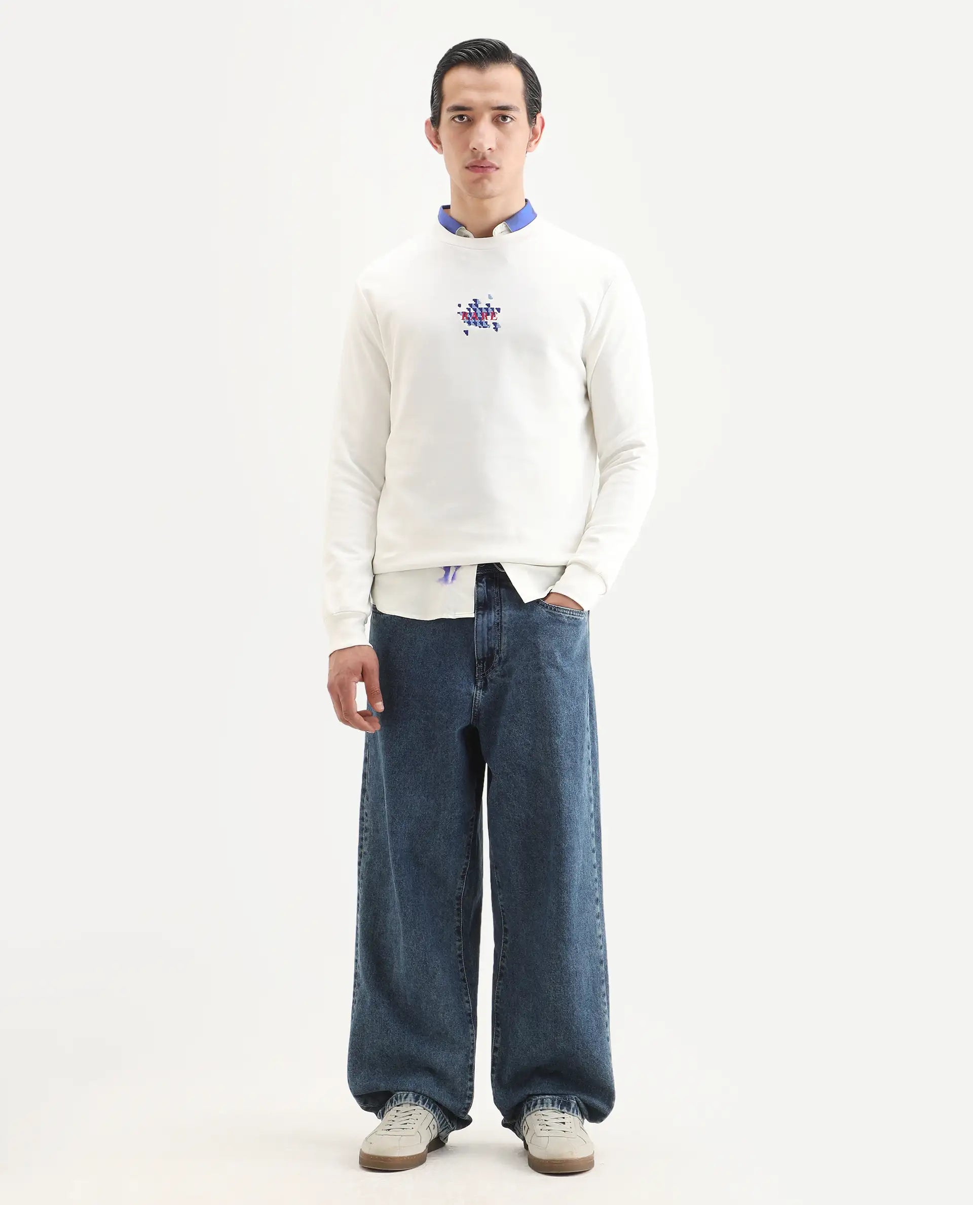 Rare Rabbit Men's Ronta Off White Cotton Blend Embroidered Regular Fit Full Sleeve Crew Neck Sweatshirt