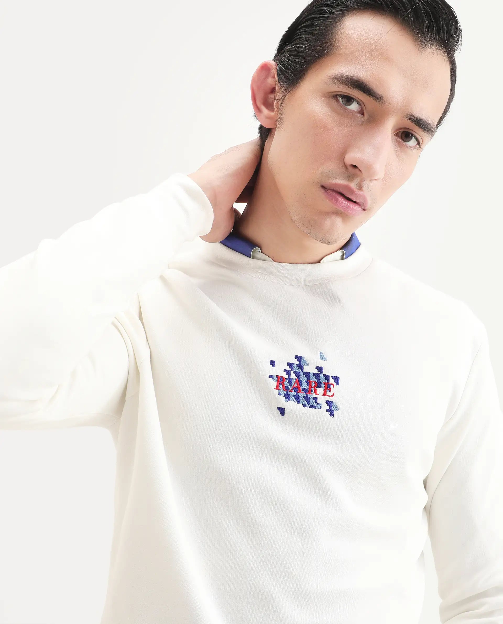 Rare Rabbit Men's Ronta Off White Cotton Blend Embroidered Regular Fit Full Sleeve Crew Neck Sweatshirt