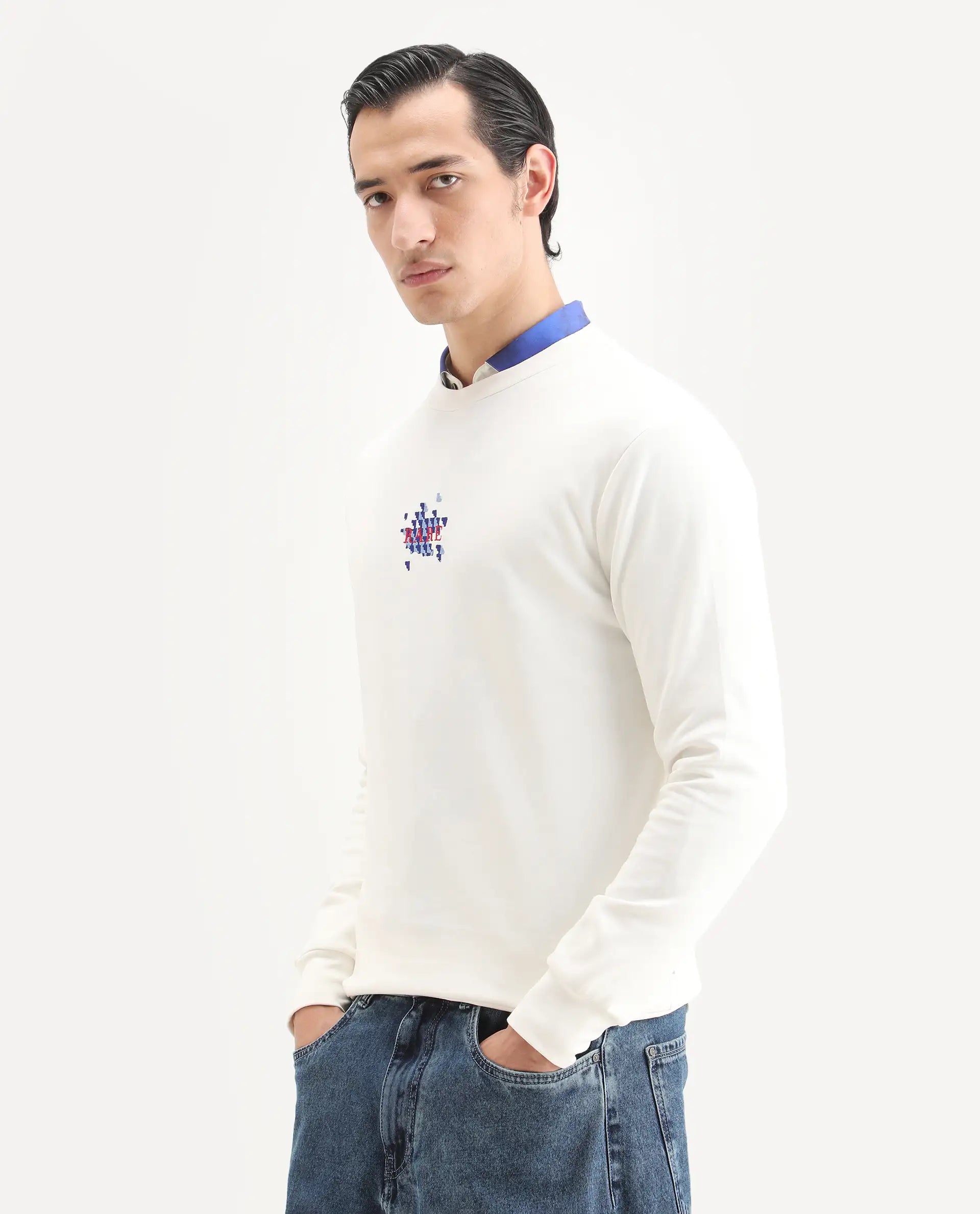 Rare Rabbit Men's Ronta Off White Cotton Blend Embroidered Regular Fit Full Sleeve Crew Neck Sweatshirt