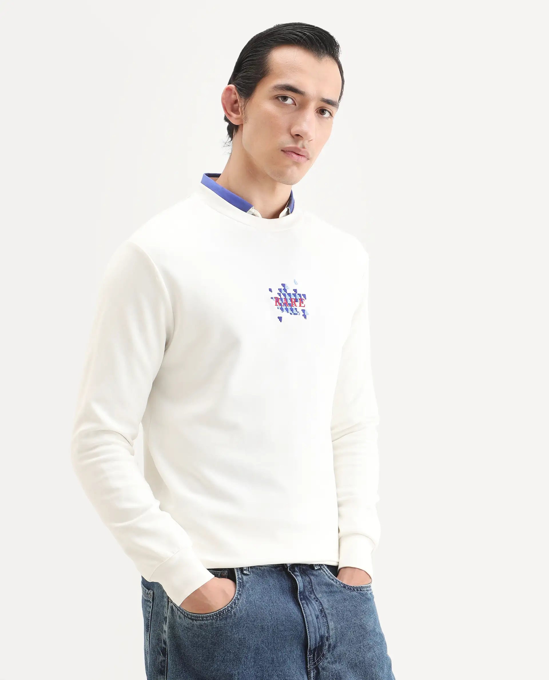 Rare Rabbit Men's Ronta Off White Cotton Blend Embroidered Regular Fit Full Sleeve Crew Neck Sweatshirt