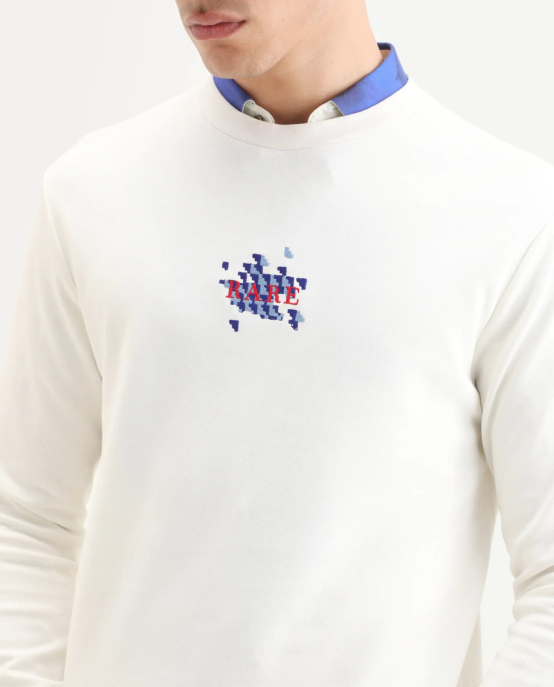 Rare Rabbit Men's Ronta Off White Cotton Blend Embroidered Regular Fit Full Sleeve Crew Neck Sweatshirt