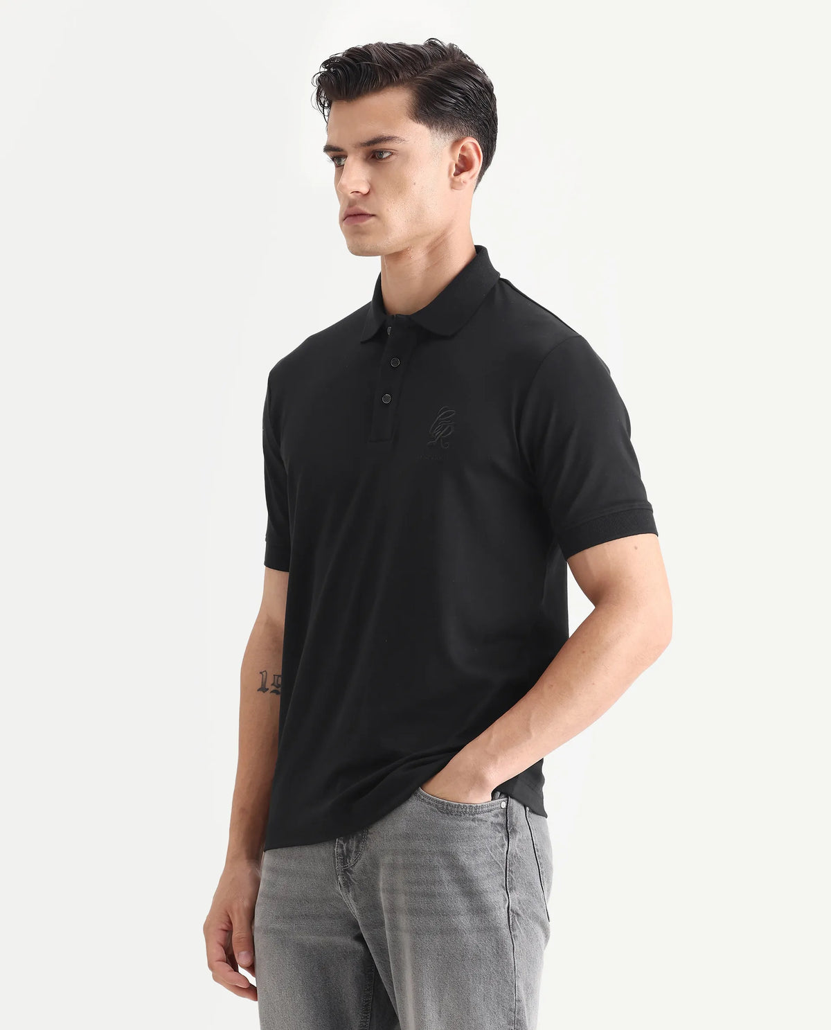 Rare Rabbit Men's Dwet Black Cotton Blend Fabric Half Sleeve Spread Collar Plain Polo