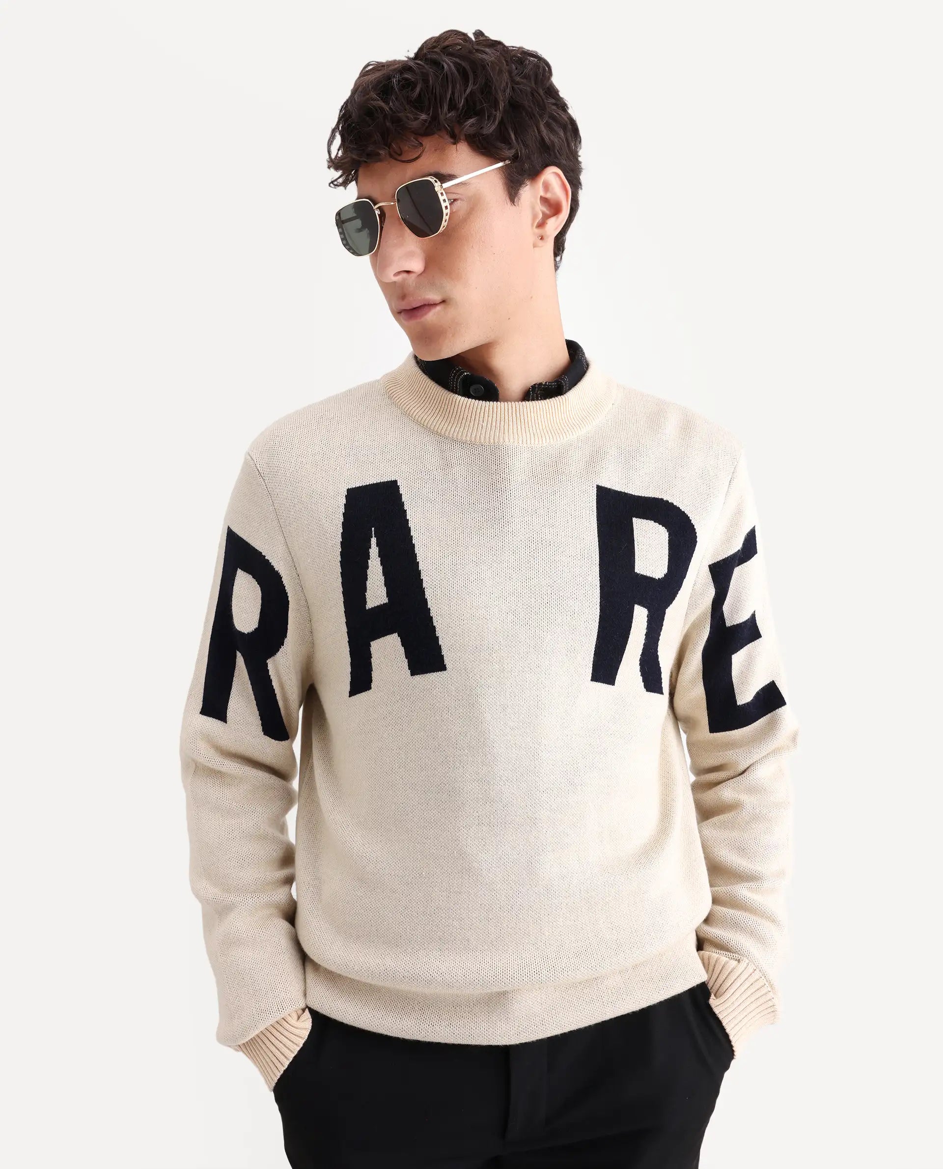 Rare Rabbit Men's Emyr Off White Acrylic Monogram Print Regular Fit Full Sleeve Crew Neck Sweater