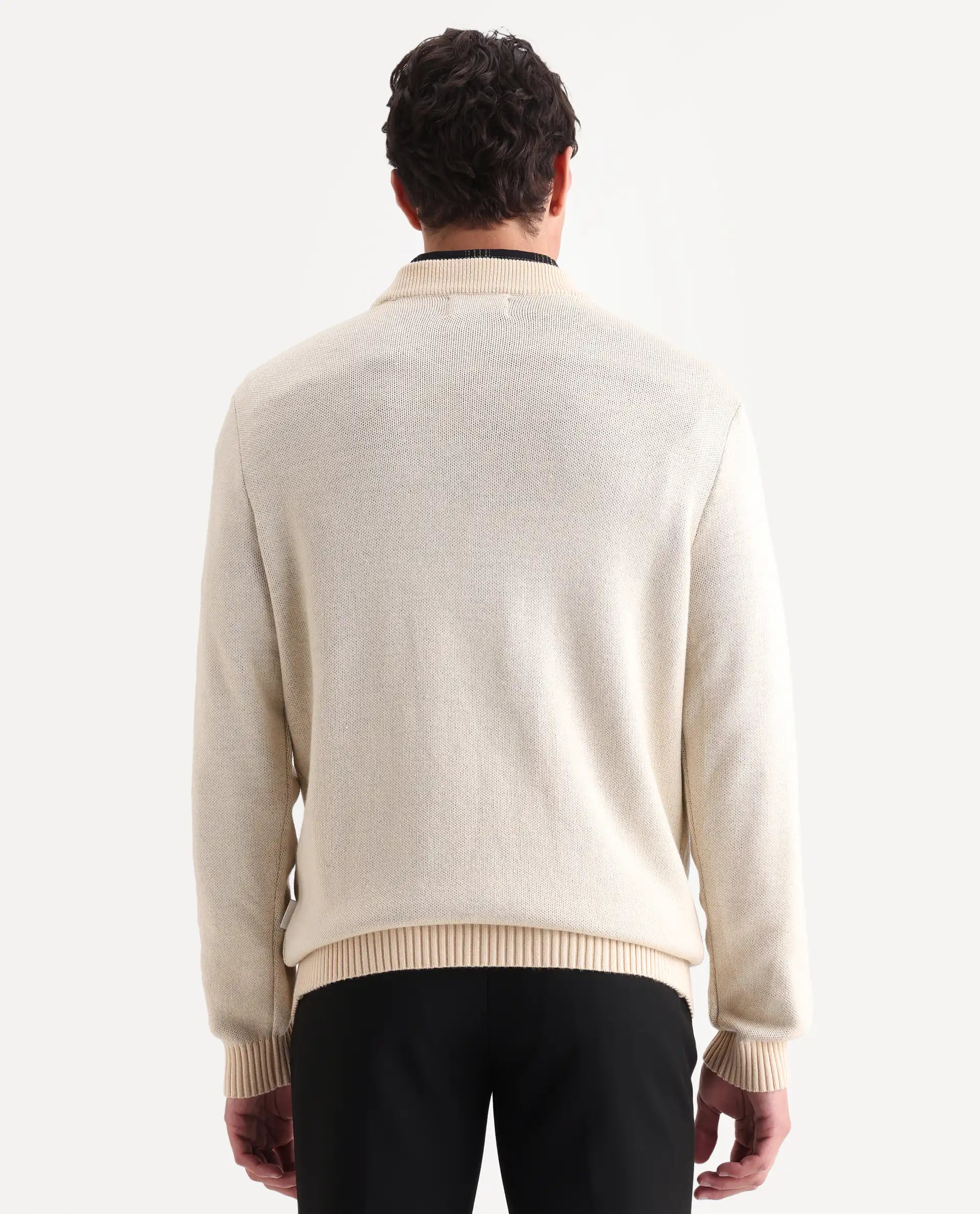 Rare Rabbit Men's Emyr Off White Acrylic Monogram Print Regular Fit Full Sleeve Crew Neck Sweater
