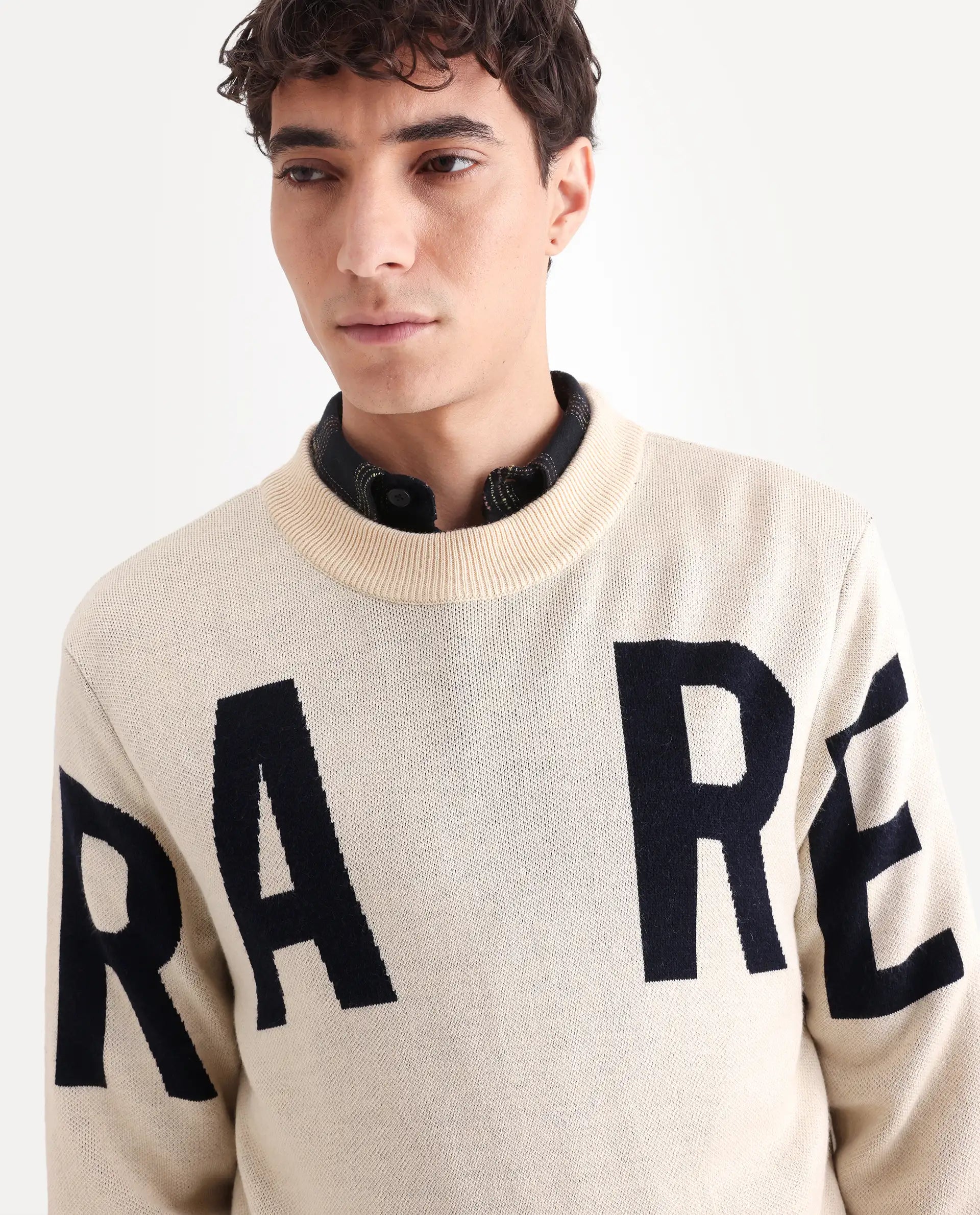 Rare Rabbit Men's Emyr Off White Acrylic Monogram Print Regular Fit Full Sleeve Crew Neck Sweater