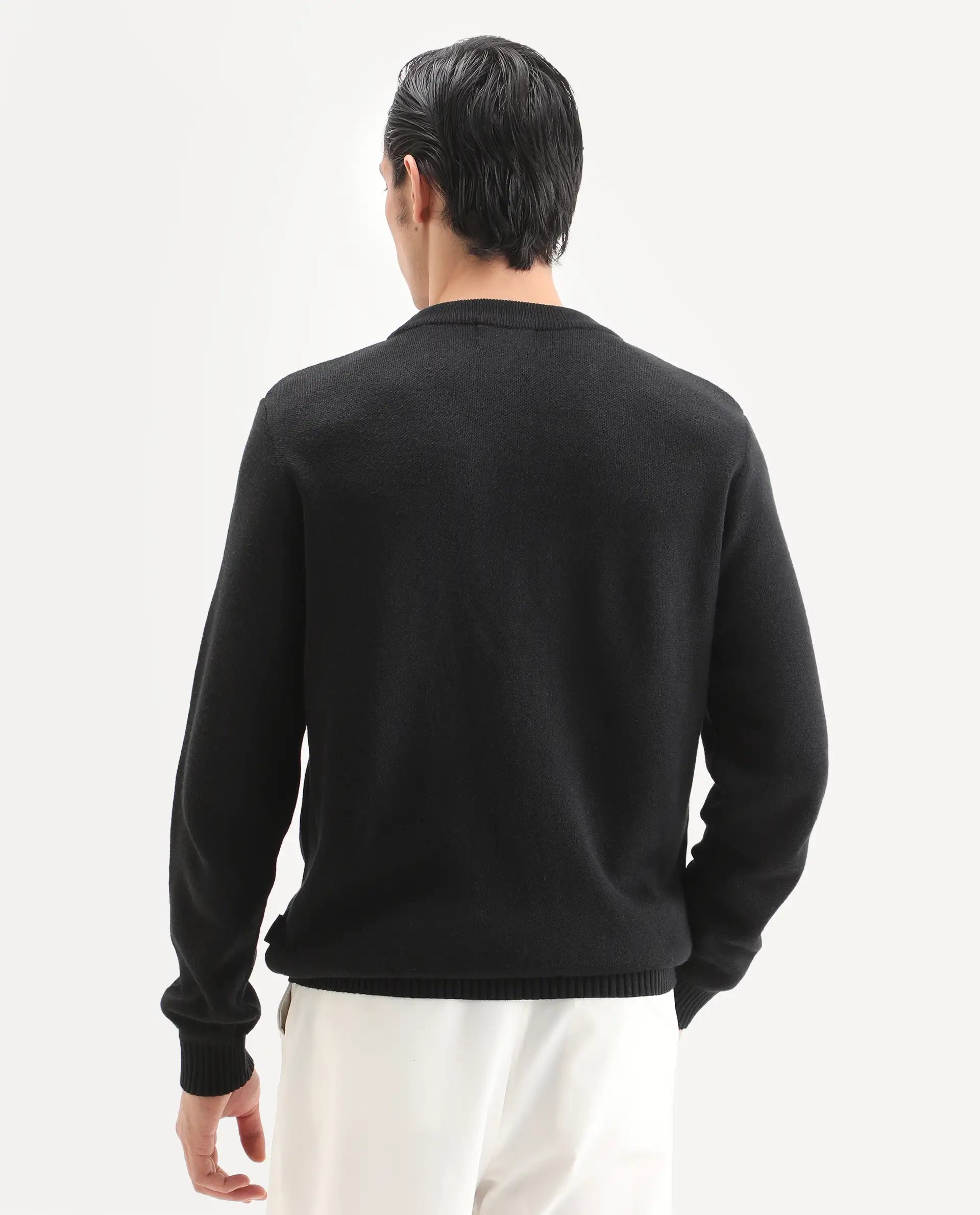 Rare Rabbit Men's Emyr Black Acrylic Monogram Print Regular Fit Full Sleeve Crew Neck Sweater