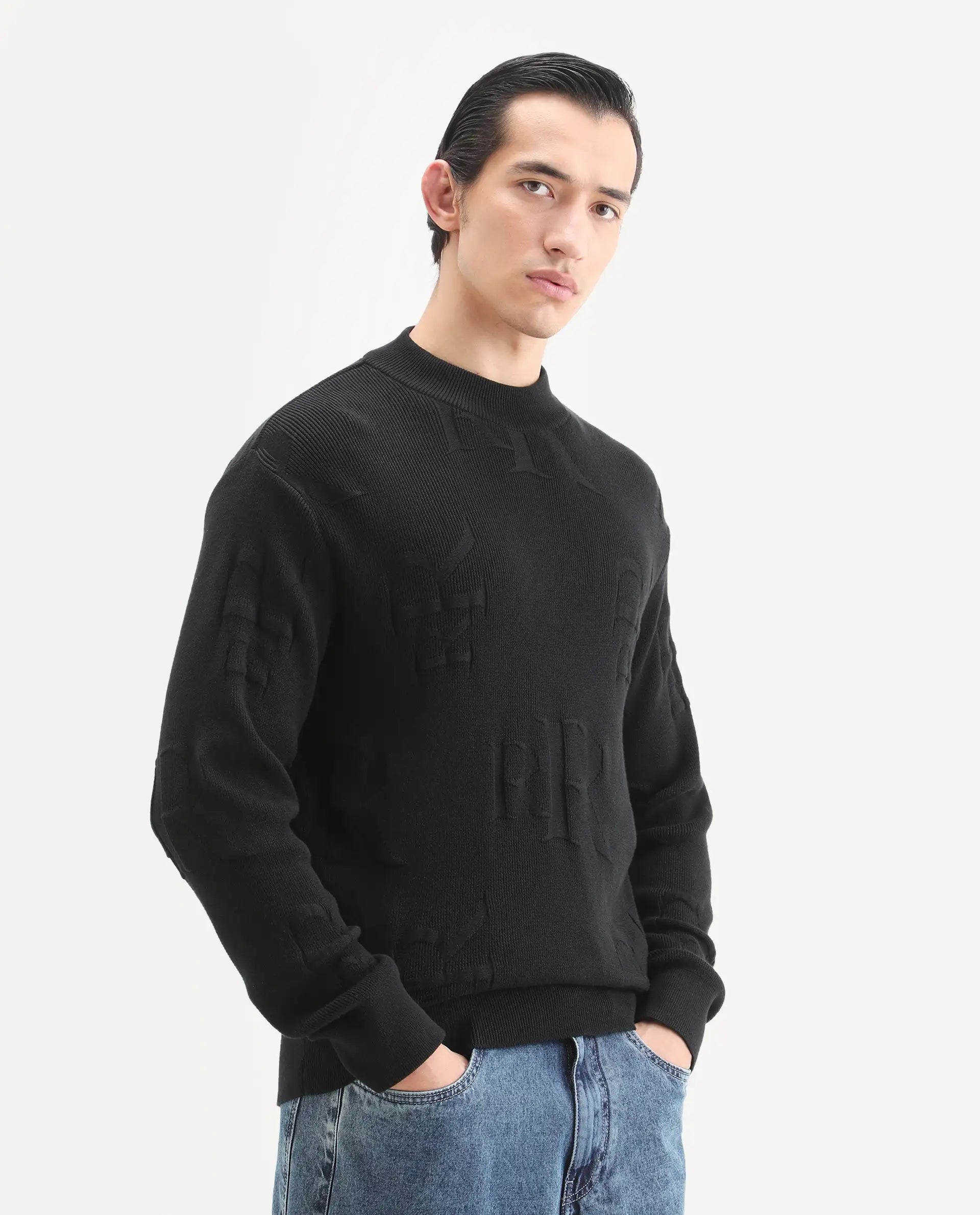 Rare Rabbit Men's Rev Black Acrylic Fabric Full Sleeve Crew Neck Textured Sweater
