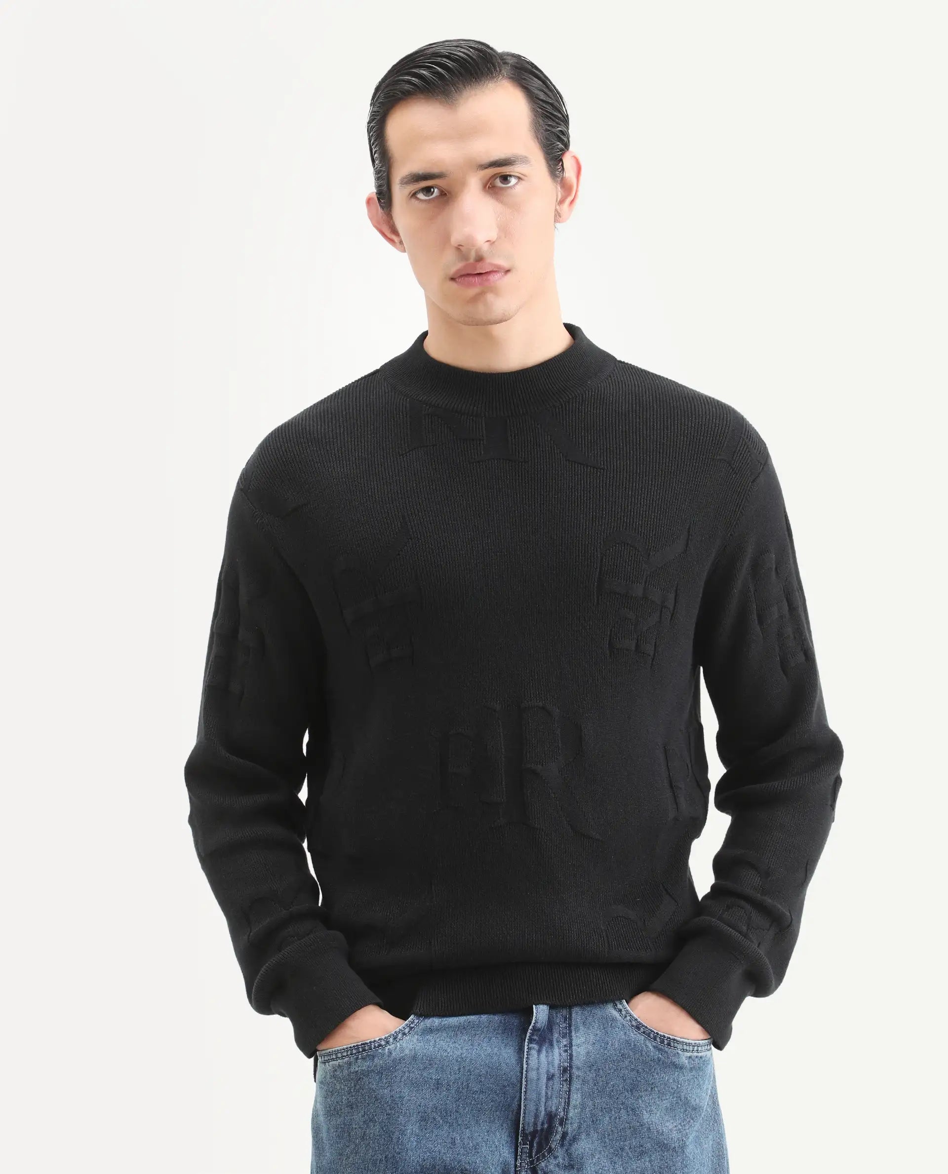 Rare Rabbit Men's Rev Black Acrylic Fabric Full Sleeve Crew Neck Textured Sweater