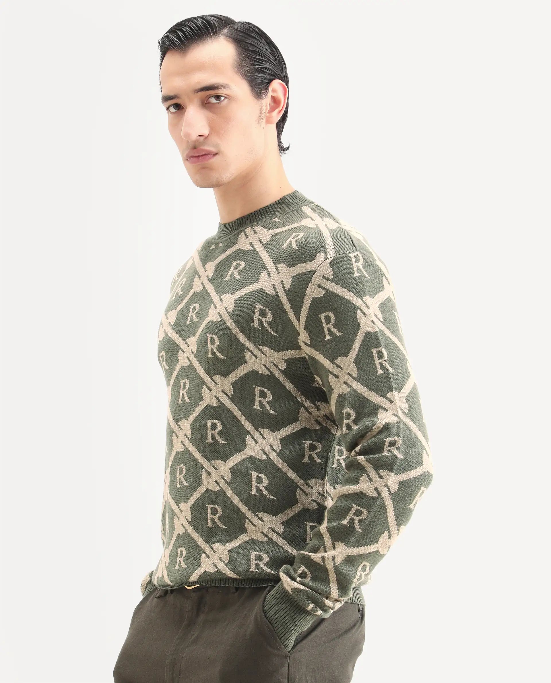 Rare Rabbit Men's Post Dark Olive Acrylic Monogram Print Regular Fit Full Sleeve Crew Neck Sweater
