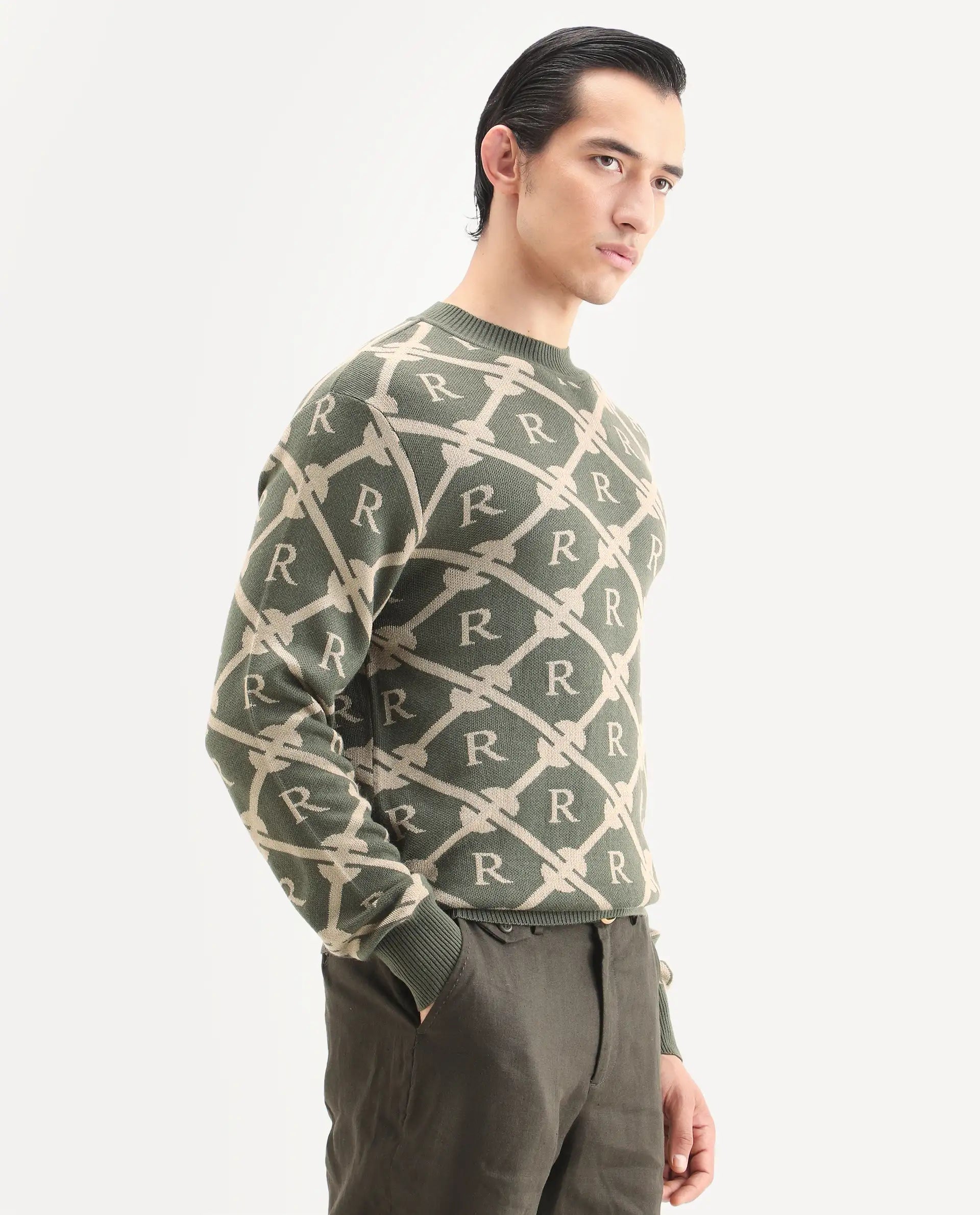 Rare Rabbit Men's Post Dark Olive Acrylic Monogram Print Regular Fit Full Sleeve Crew Neck Sweater