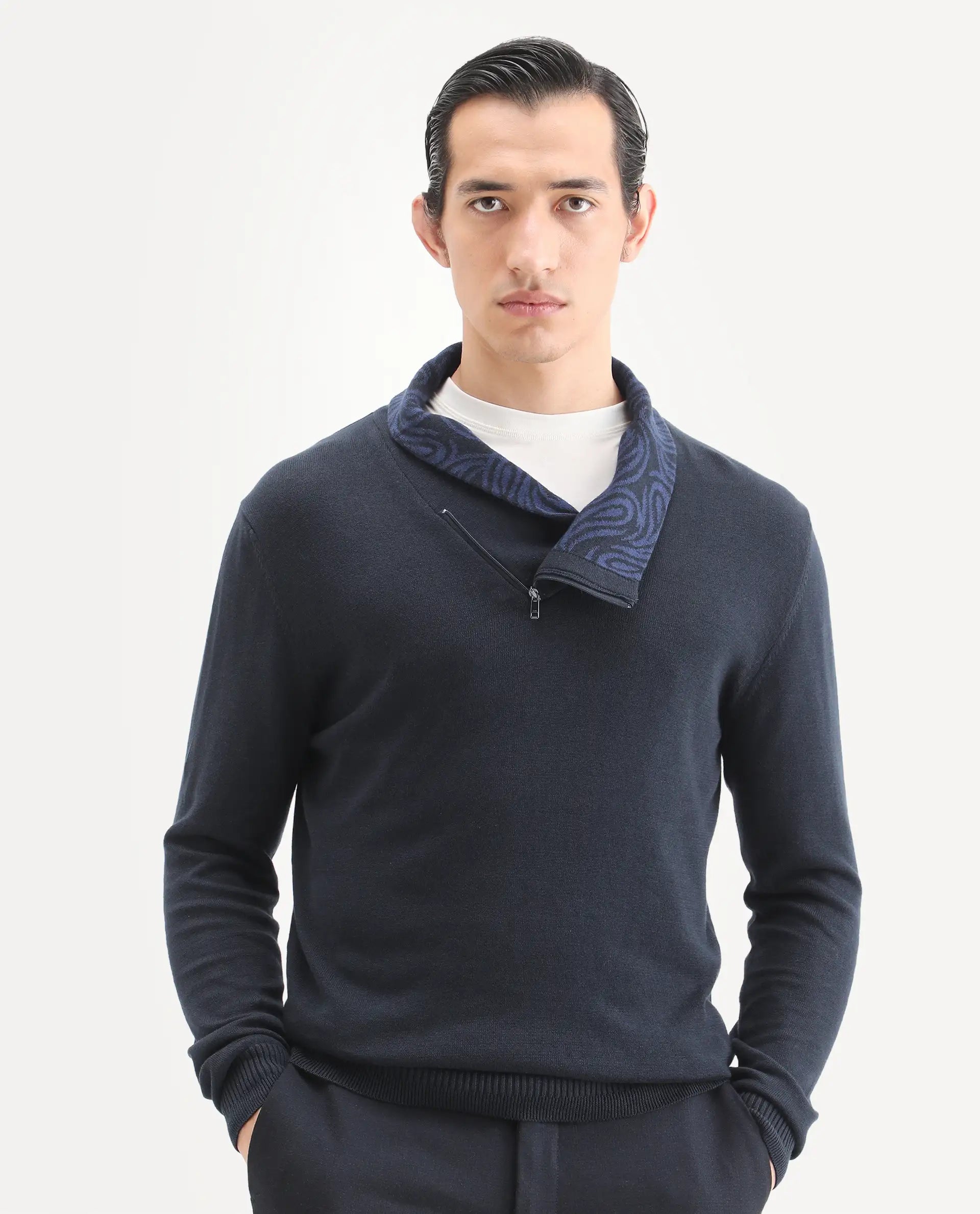 Rare Rabbit Men's Denver-25 Dark Navy Cotton Plain Regular Fit Full Sleeve Shawl Neck Sweater