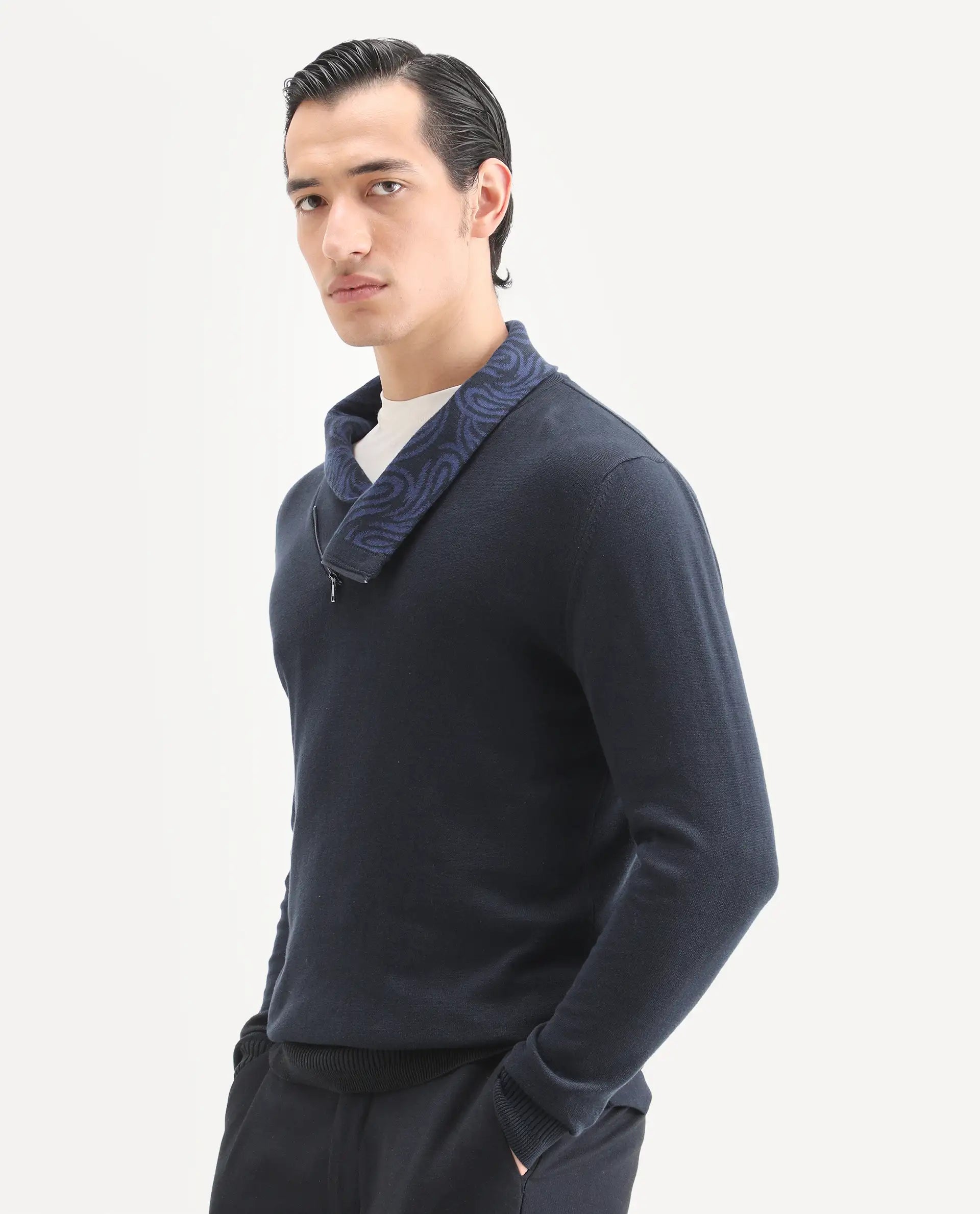 Rare Rabbit Men's Denver-25 Dark Navy Cotton Plain Regular Fit Full Sleeve Shawl Neck Sweater