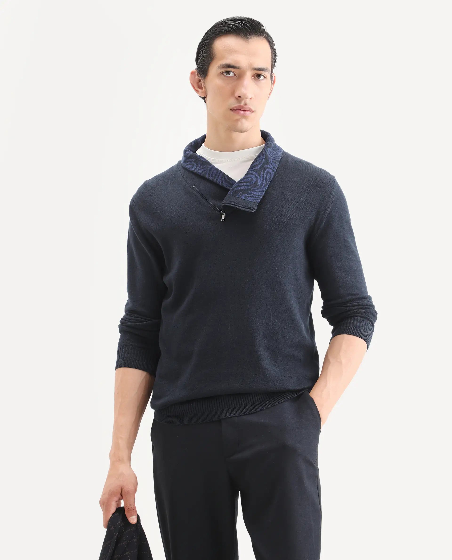 Rare Rabbit Men's Denver-25 Dark Navy Cotton Plain Regular Fit Full Sleeve Shawl Neck Sweater